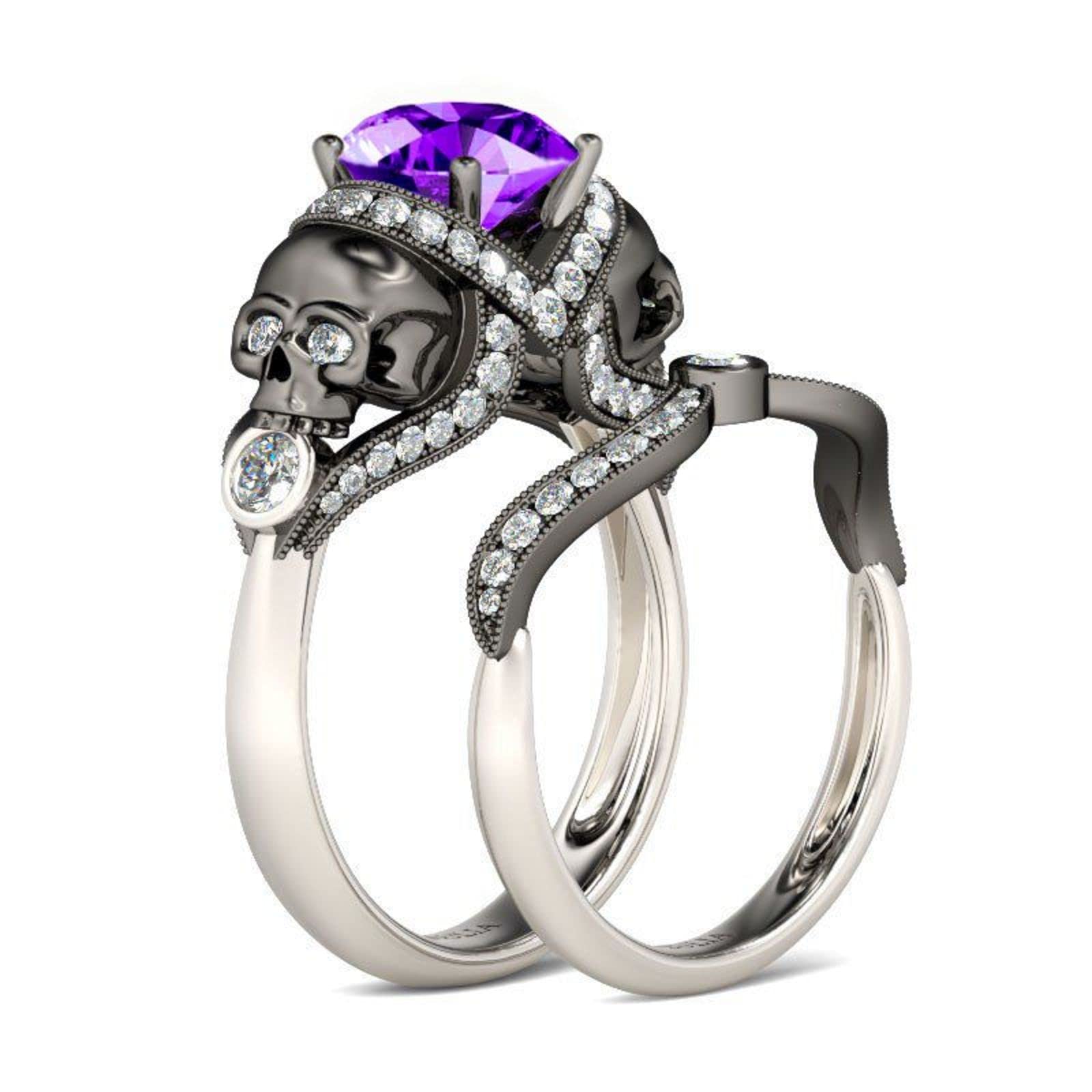 Jeulia 4.97 Carat Twist Skull Ring for Women - Sterling Silver Two Tone Round Cut Diamond Bridal Set, Black Plated Engagement Promise Ring with Jewelry Gift Box - Perfect for Weddings, Anniversaries & Gothic Fashion