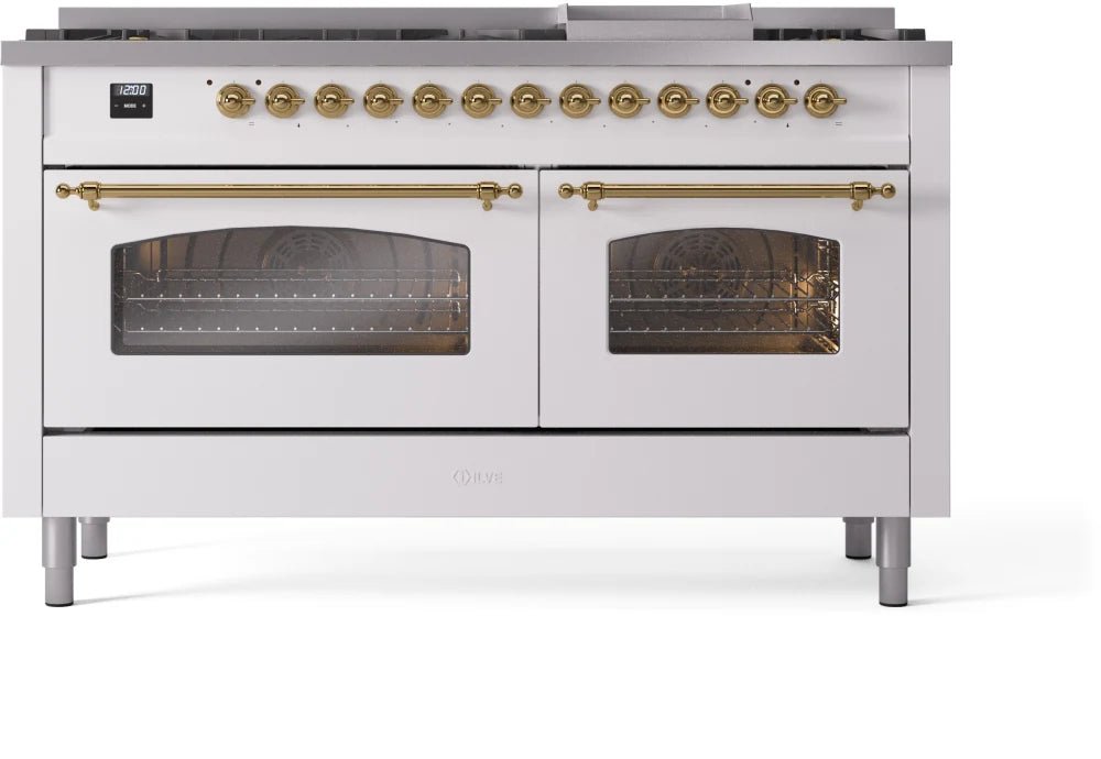 ILVE Nostalgie II 60-Inch Dual Fuel Natural Gas Range - White with Brass Trim (UP60FNMPWHG) | Professional Kitchen Appliance for Home Chefs & Cooking Enthusiasts
