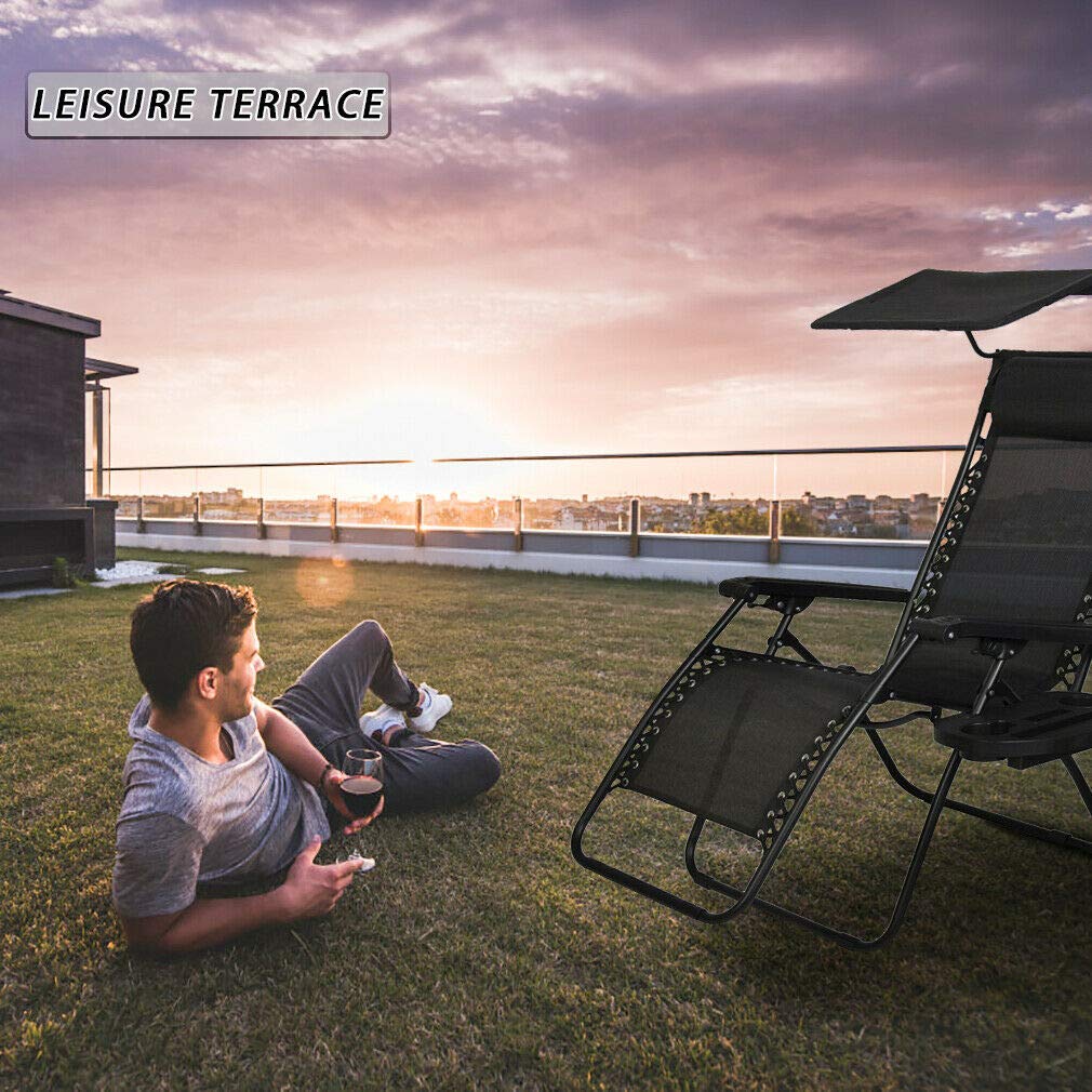 2 Pack Zero Gravity Reclining Lounge Chairs with Canopy & Cup Holder - 250LBS Capacity Outdoor Folding Chaise for Patio, Poolside, Beach, Backyard & Deck - Perfect for Sunbathing, Relaxing & Outdoor Lounging - Black