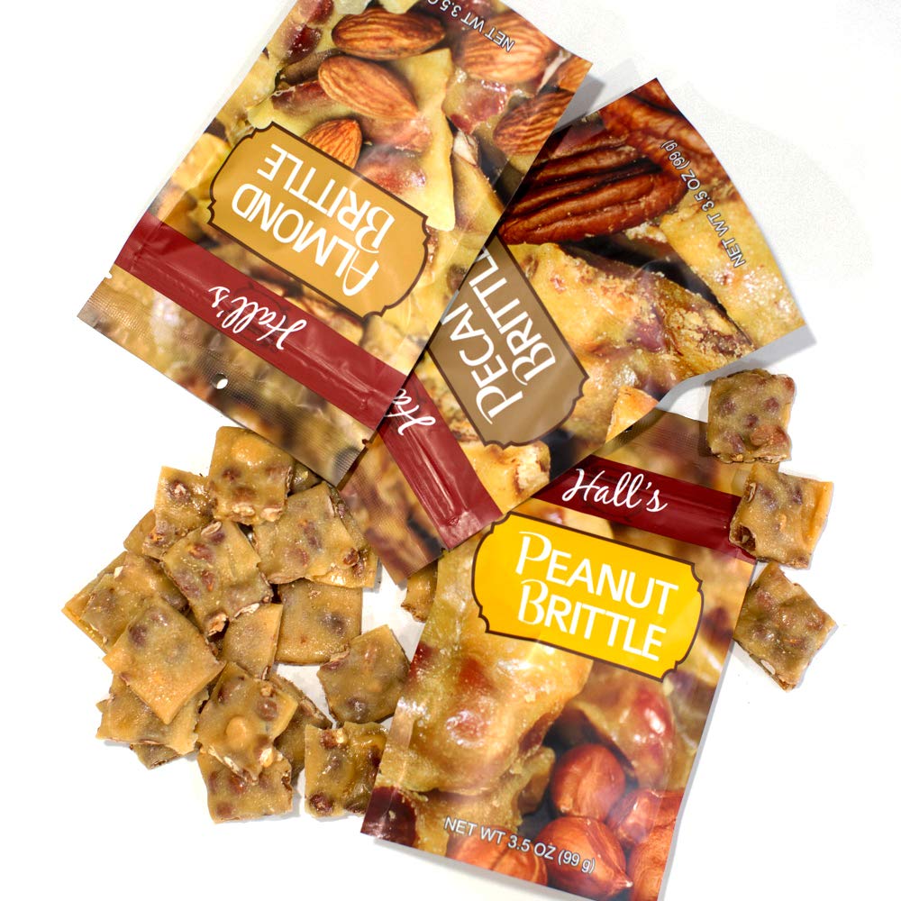 Hall's Assorted Brittle Variety Pack - 3.5 Oz Bags (Pack of 3) | Peanut Brittle, Almond Brittle & Pecan Brittle | Perfect for Gifts, Parties & Snacking