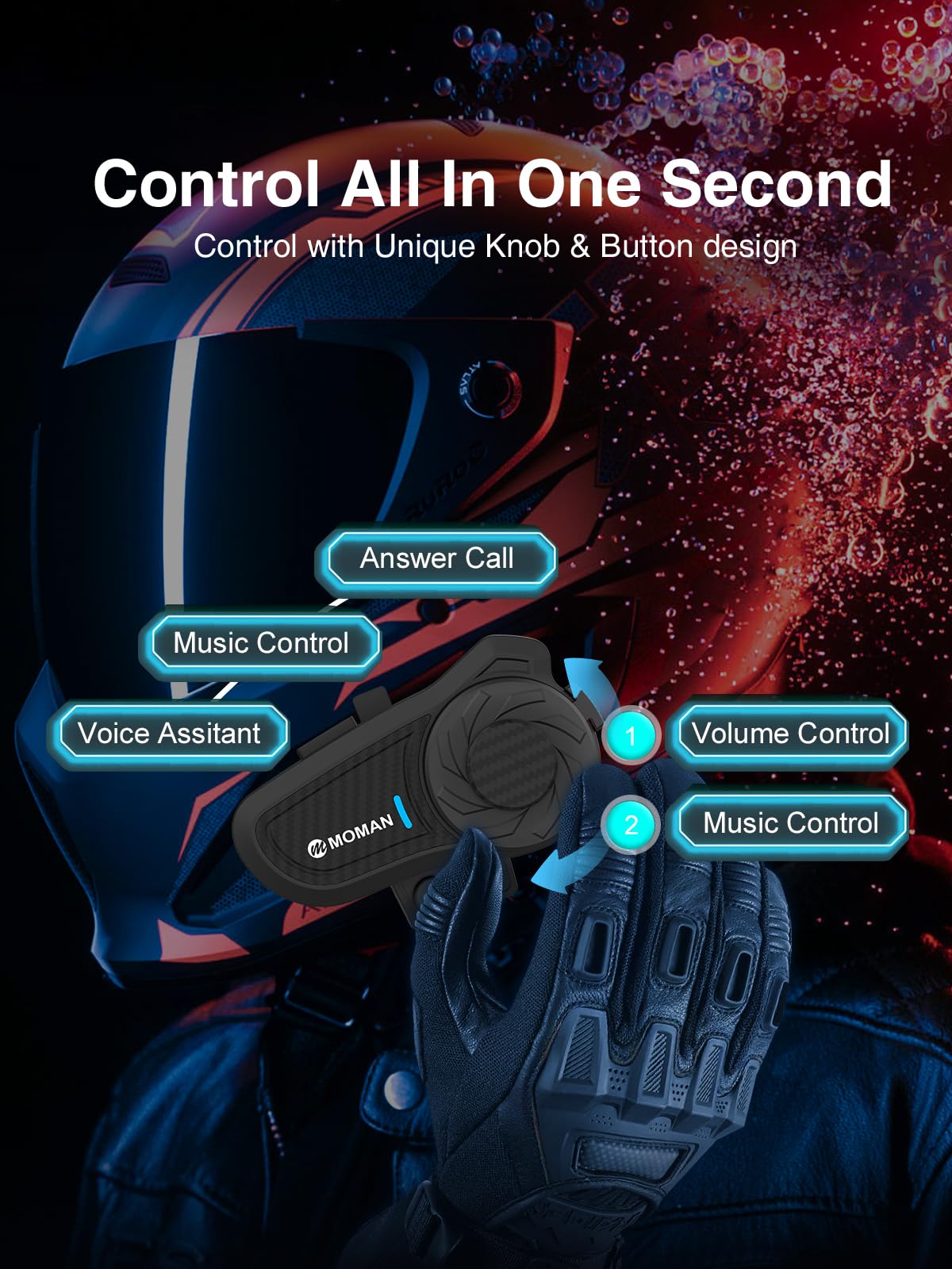 Moman H2 Pro Motorcycle Bluetooth Intercom Headset - Wireless Helmet Communication System with DSP/CVC Noise Cancellation, IP65 Waterproof, 1000M Range - Ideal for Group Riding, Touring & Adventure Motorcycling