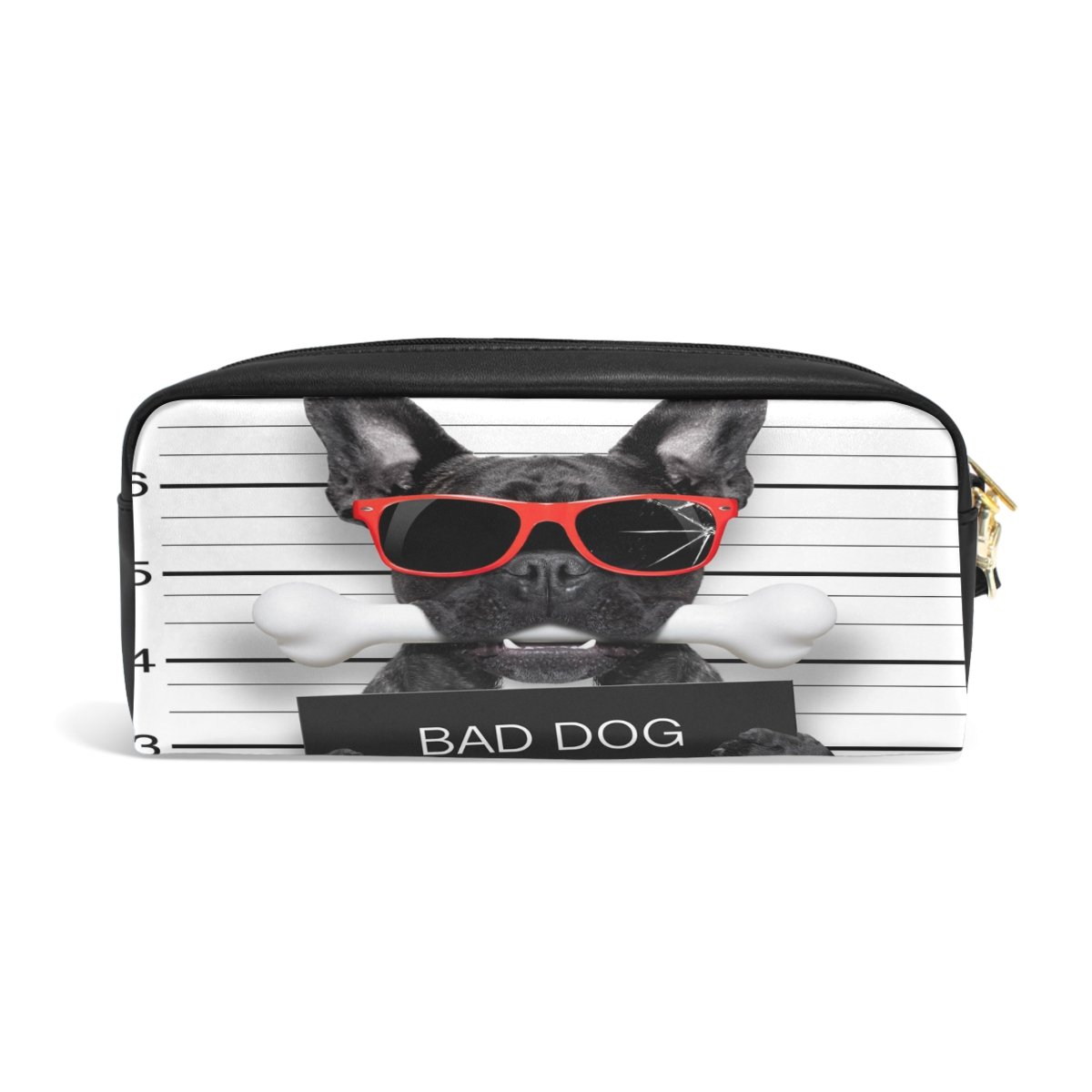 Funny Cute French Bulldog PU Leather Pencil Case - Black Cosmetic Bag for School, Office & Travel - Perfect Makeup Pouch & Stationery Organizer