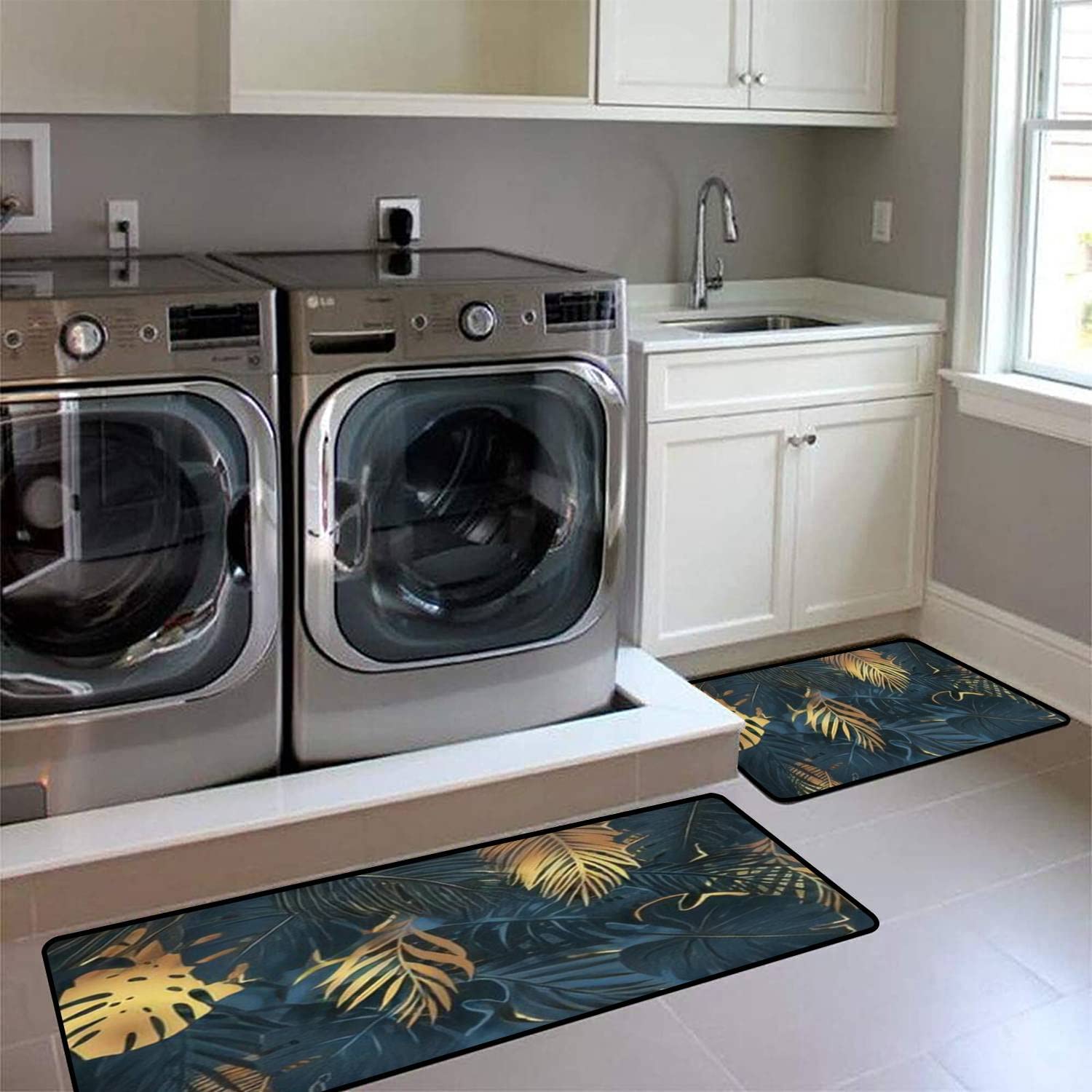 Non-Slip Washable Kitchen Rugs Set - Gold & Dark Turquoise Tropical Leaf Design, Exotic Botanical Floor Mat for Kitchen, Bathroom & Entryway - Perfect for Comfort Standing, Decor & High Traffic Areas