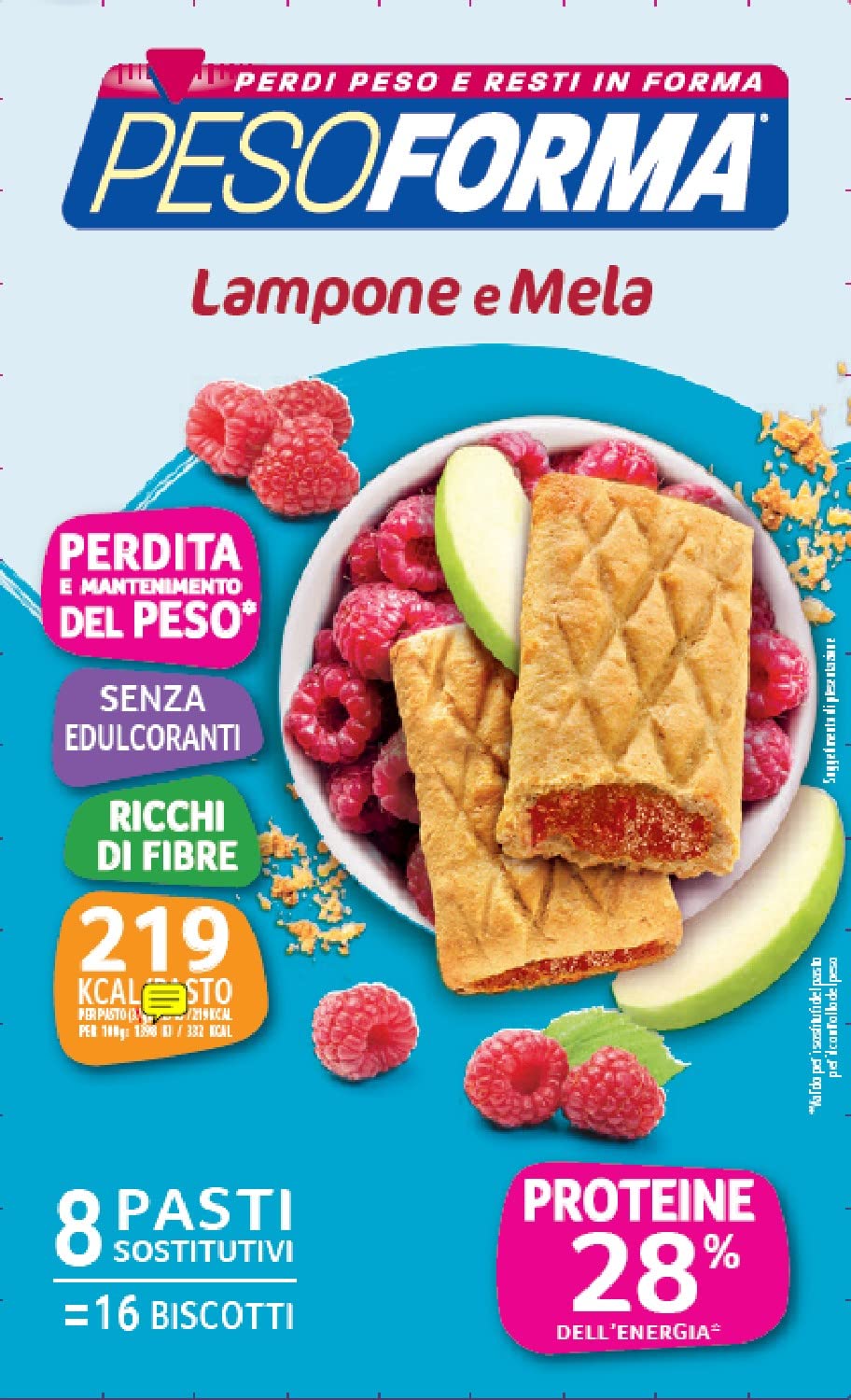 Pesoforma Raspberry & Apple Protein Biscuits - Meal Replacement for Weight Loss, Only 219 Calories, 16 Biscuits (8 Meals) - High Protein Snack for Fitness & Diet | Perfect for On-the-Go Breakfast or Post-Workout Nutrition
