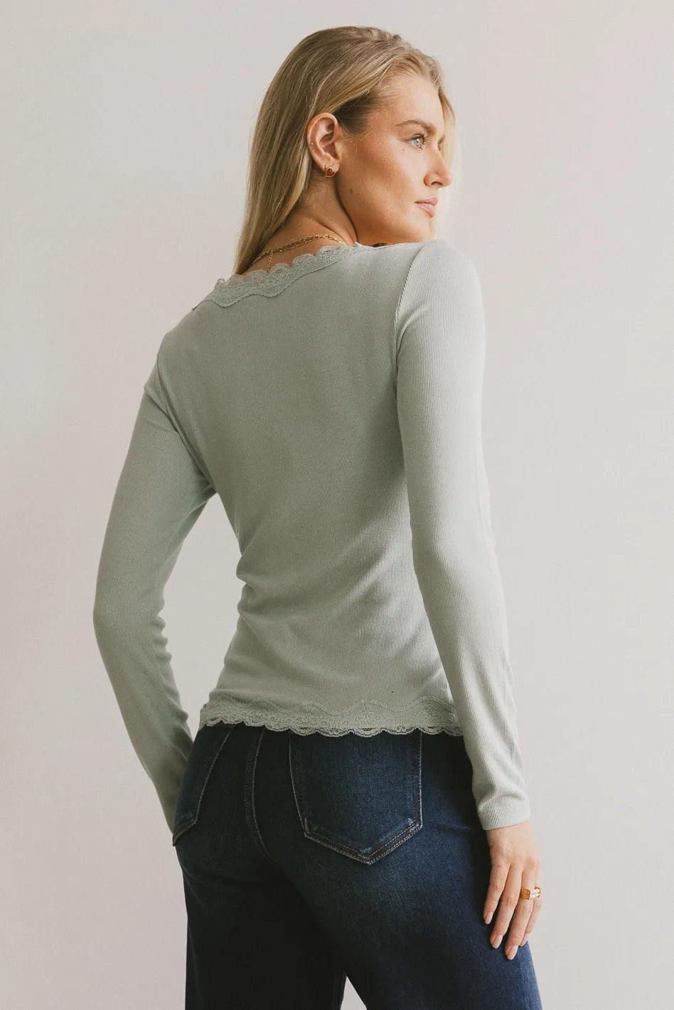 Logan Lace Trim Top Women's Fashion Blouse in Dusty Blue - Perfect for Casual Outings, Date Nights & Summer Wear
