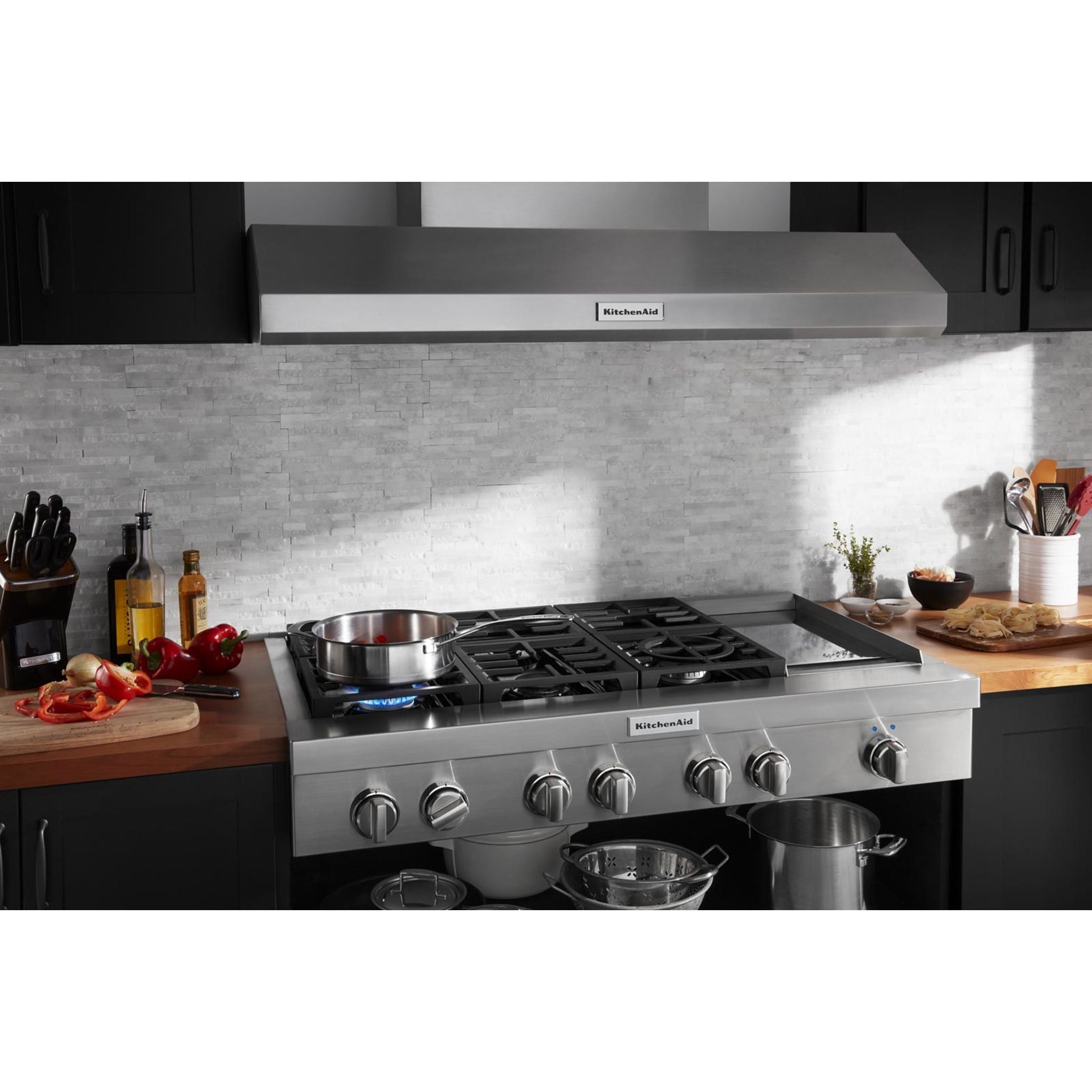 KitchenAid 48 Inch 5 Burner Gas Cooktop with Continuous Grates - Stainless Steel (KCGC558JSS) | Perfect for Home Chefs & Modern Kitchens