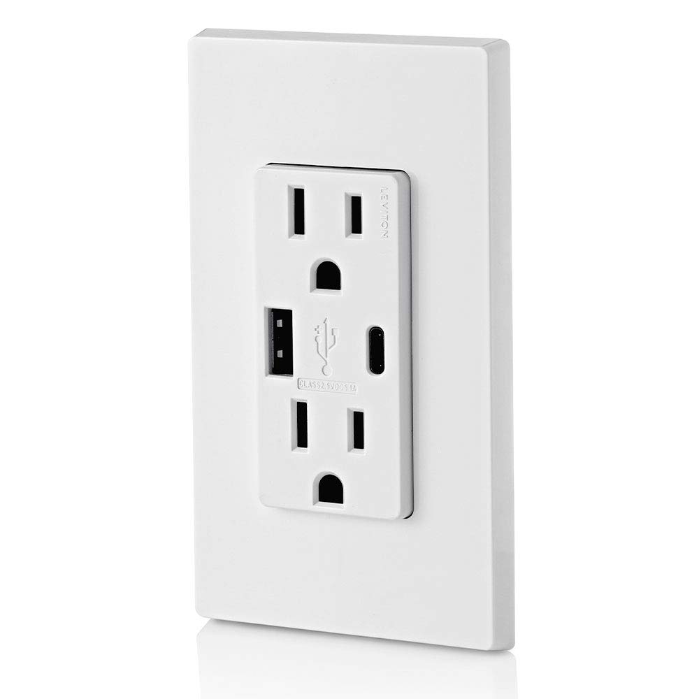 Leviton T5633-W 15A Tamper-Resistant USB Wall Outlet - Dual Type A & Type C Charger for iPhone, Android Smartphones & Tablets | White In-Wall Charging Station for Home, Office & Hotel Use