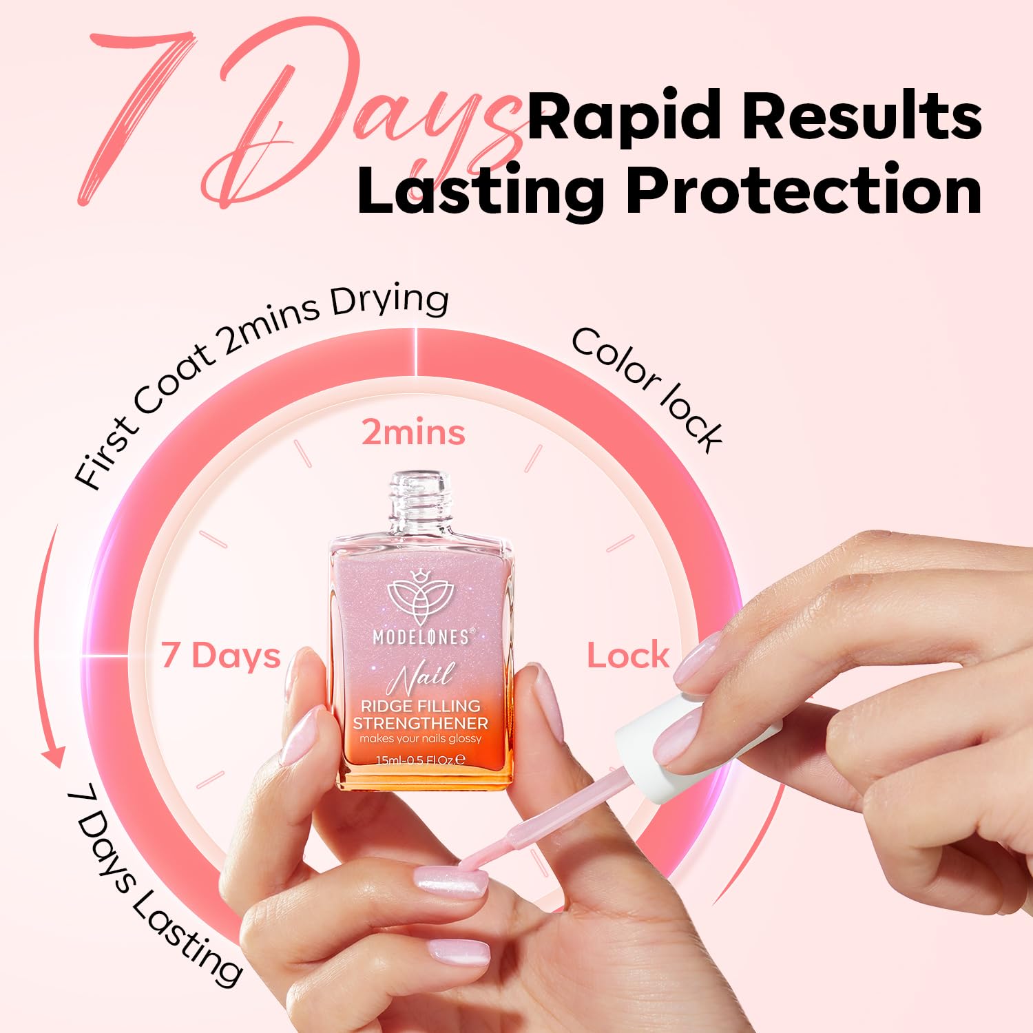 Modelones Nail Strengthener & Ridge Filler - Clear Nail Polish for Thin, Weak & Damaged Nails - Nail Hardener with Pink Glow (15ml) - Perfect for At-Home Manicures & Nail Care Routine