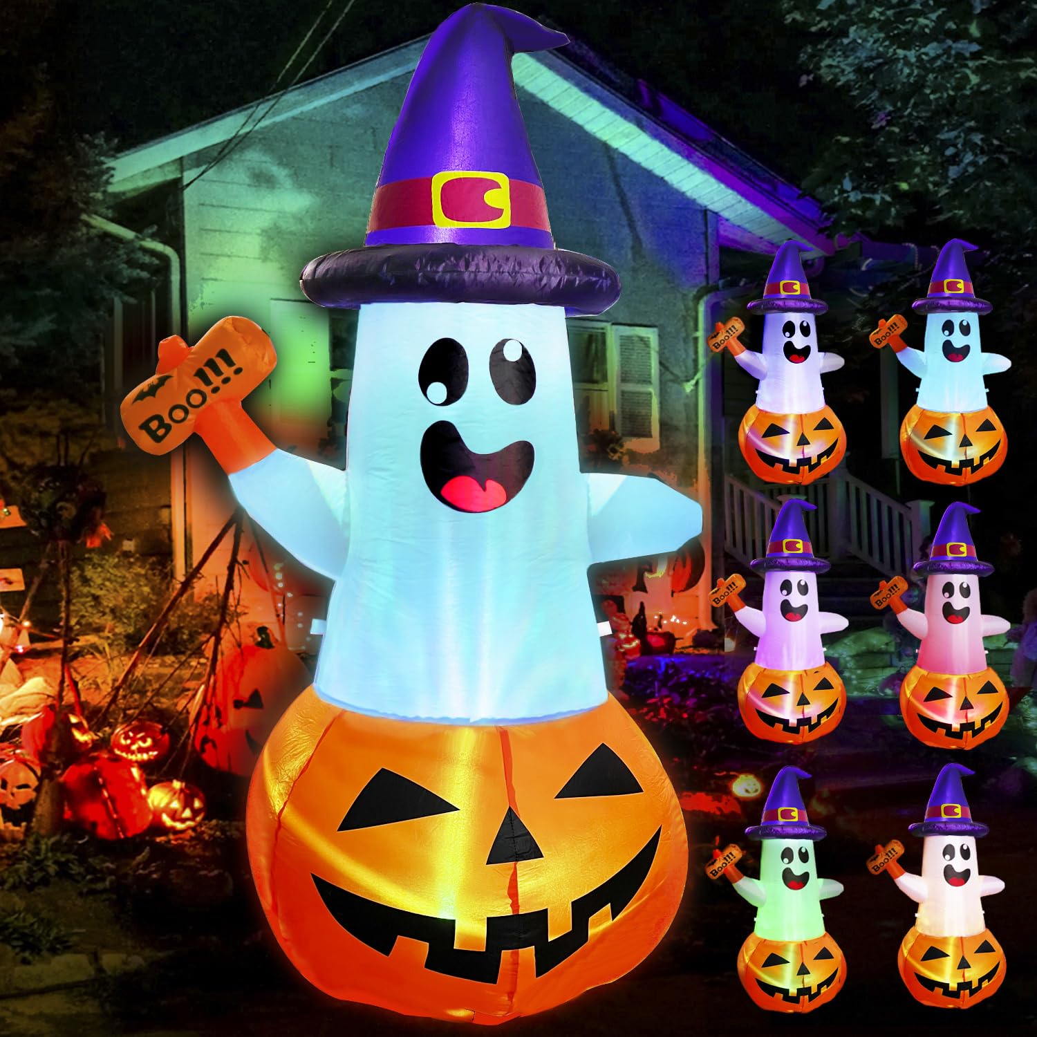 5FT Halloween Inflatable Decorations - Outdoor Pumpkin Ghost with Multi-Color LED Lights, Blow Up Yard Decor for Halloween Party, Indoor & Outdoor Use - Perfect for Front Yard, Garden, Lawn, and Holiday Festivities
