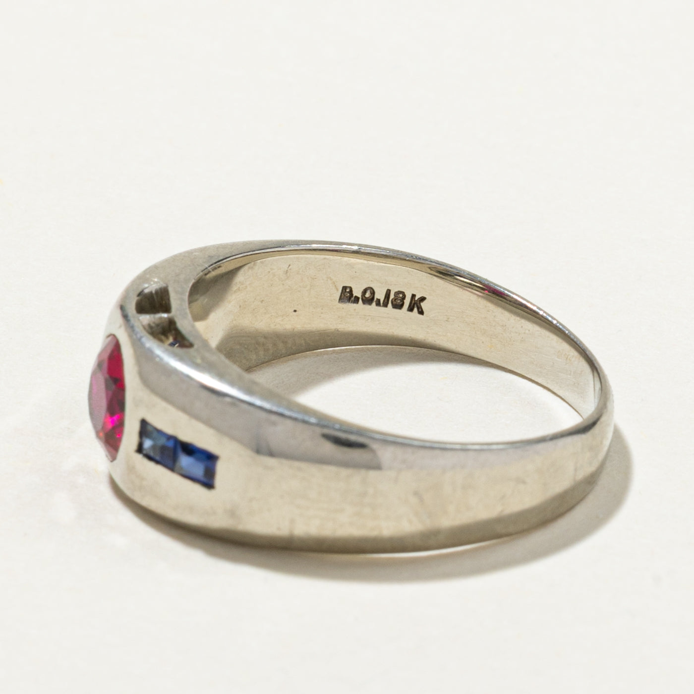 18K Gold Flush Set Synthetic Sapphire & Ruby Ring - Size 8 | Elegant Wedding Band, Anniversary Gift, Birthstone Jewelry for Women