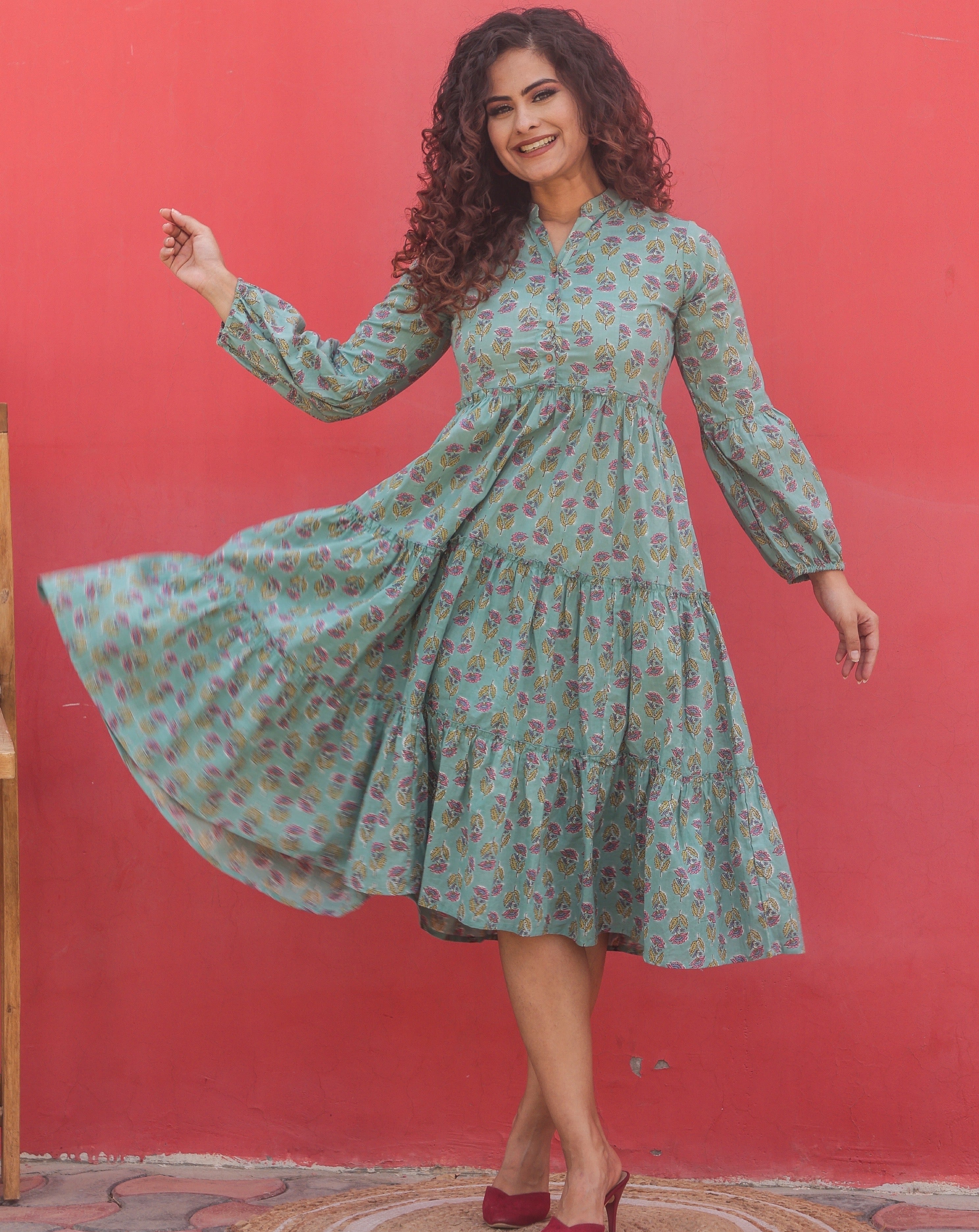 Stylish Teal Block Print Floral Cotton Maxi Dress for Women | Boho Summer Beach Dress | Perfect for Vacations, Parties & Casual Outings
