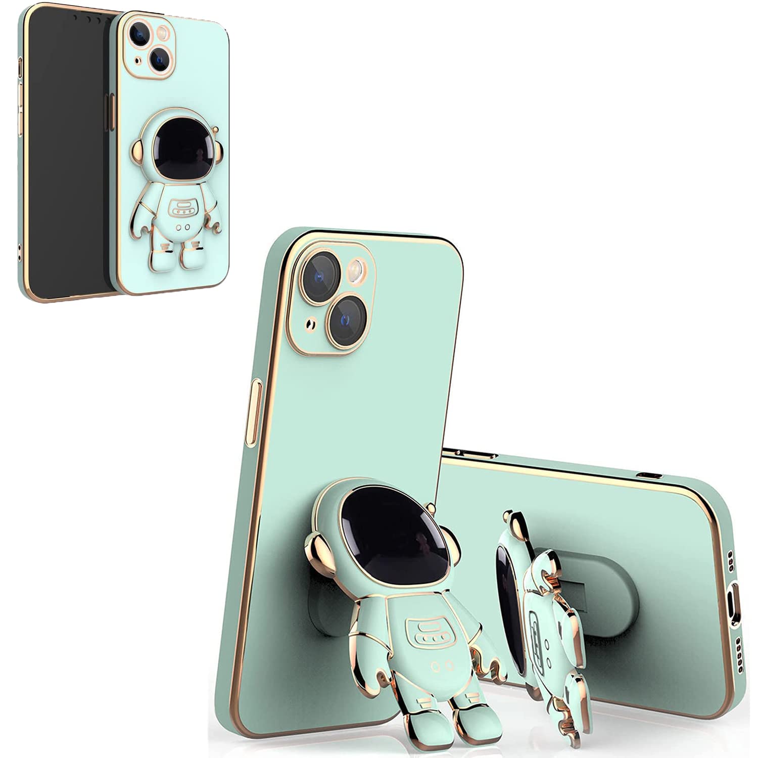 Premium Electroplated Astronaut Phone Case with Stand for iPhone 13 - Durable Green Space-Themed Protective Cover | Perfect for Daily Use, Travel & Space Enthusiasts