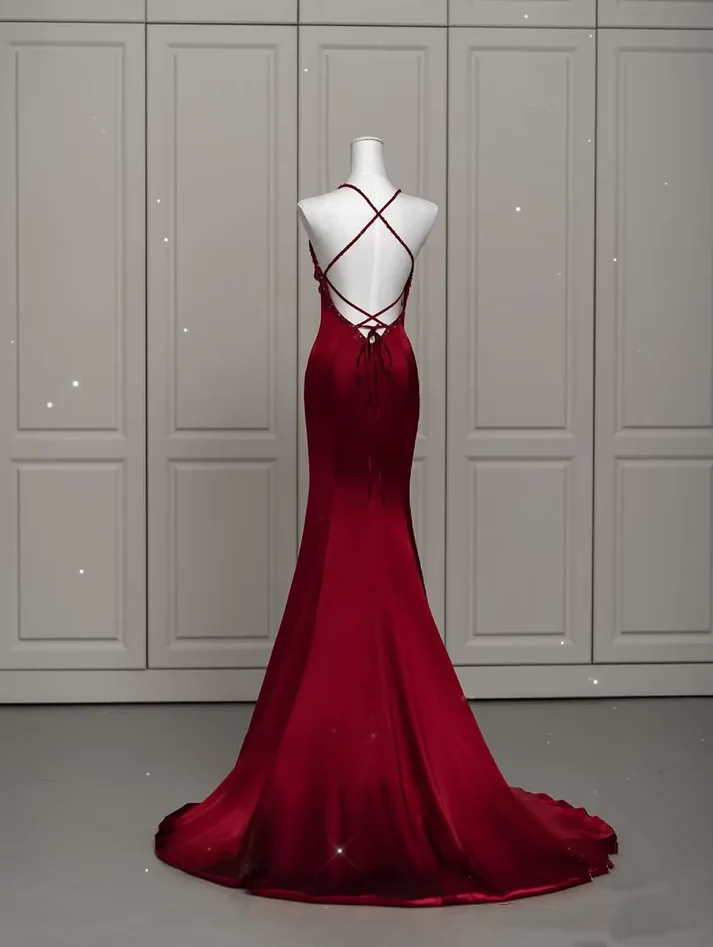 Burgundy Satin Mermaid Prom Dress with Spaghetti Straps & Backless Design - Elegant Evening Gown for Homecoming, Formal Dances & Special Occasions