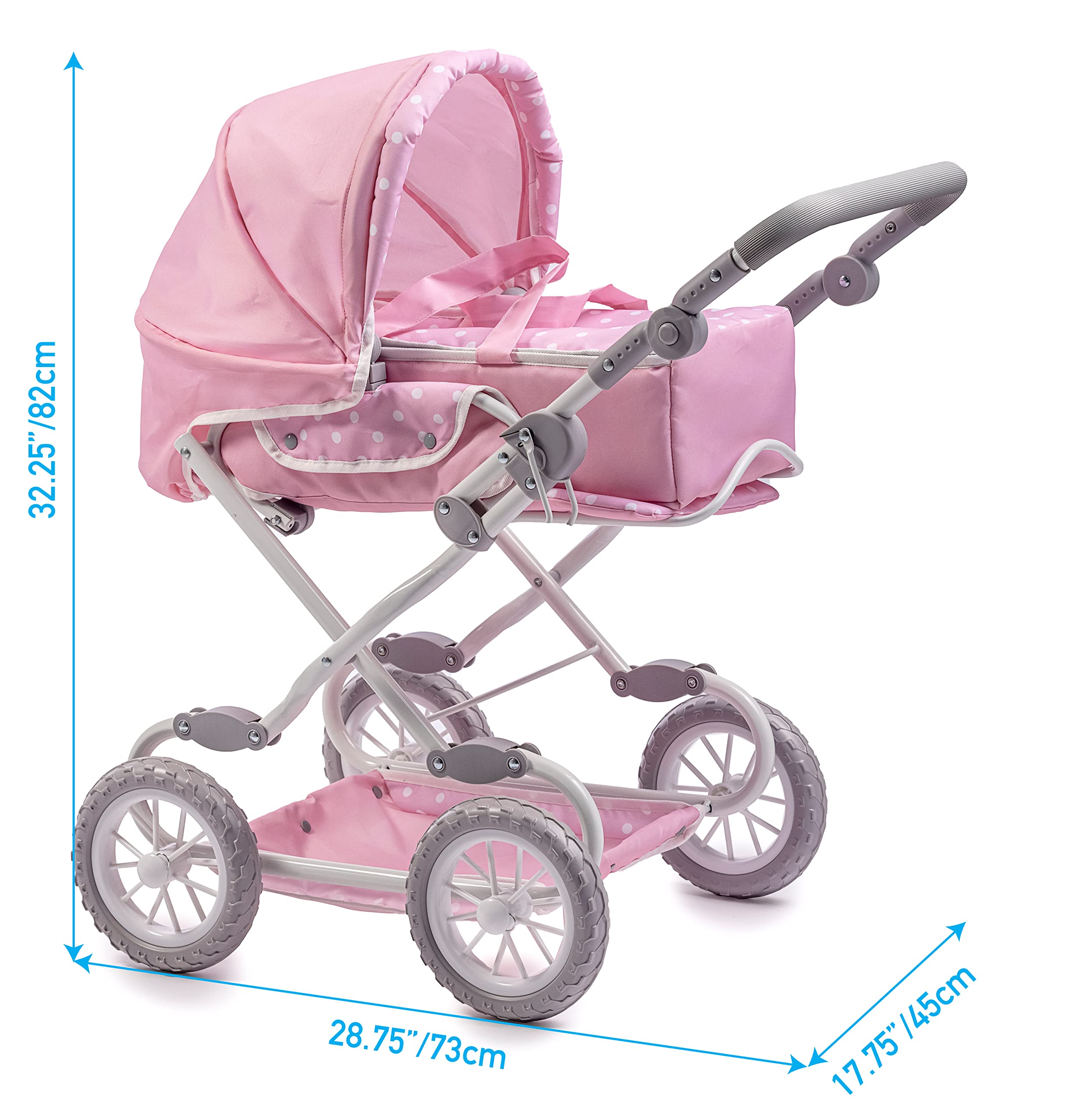 JC Toys Berenguer Boutique Deluxe Pink Foldable Baby Doll Stroller with Canopy & Removable Carry Basket - Perfect for Pretend Play, Role Play, and Gift for Girls Ages 3+ | Indoor & Outdoor Doll Accessories