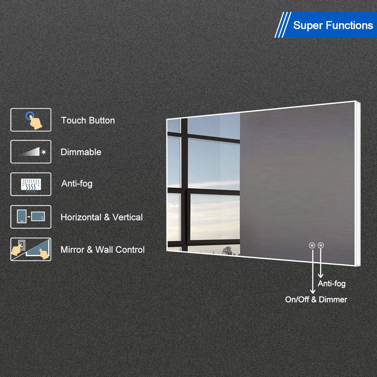 DECORAPORT 36 x 28 Inch Frameless LED Bathroom Mirror with Touch Control, Anti-Fog, Dimmable Light & IP44 Waterproof - Perfect for Modern Bathrooms, Vanities and Small Spaces (Model D-D413-3628)