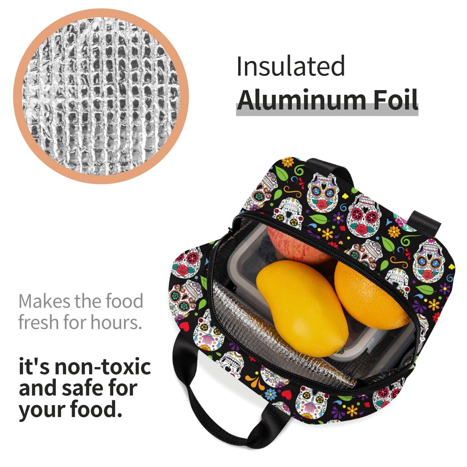 Insulated Reusable Lunch Bag for Women & Men - Washable Cooler Tote for Office, Work, Picnic & Beach | Sugar Skull Design
