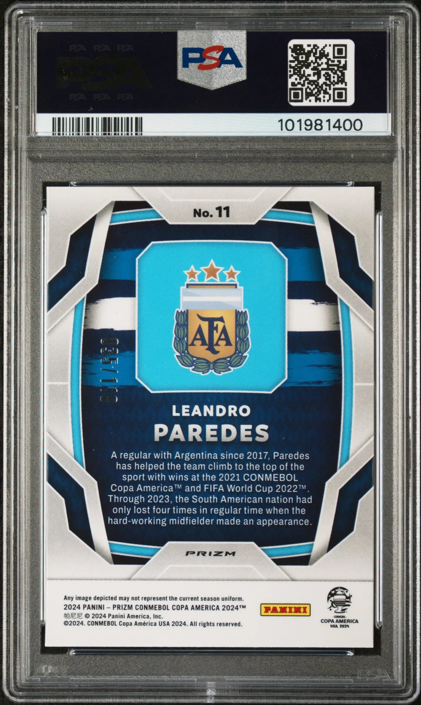 2024 Panini Prizm Conmebol Copa America Leandro Paredes Blue Prizm PSA 10/110 - Rare Soccer Trading Card for Collectors & Sports Fans - Perfect for Display, Investment & Memorabilia Collections