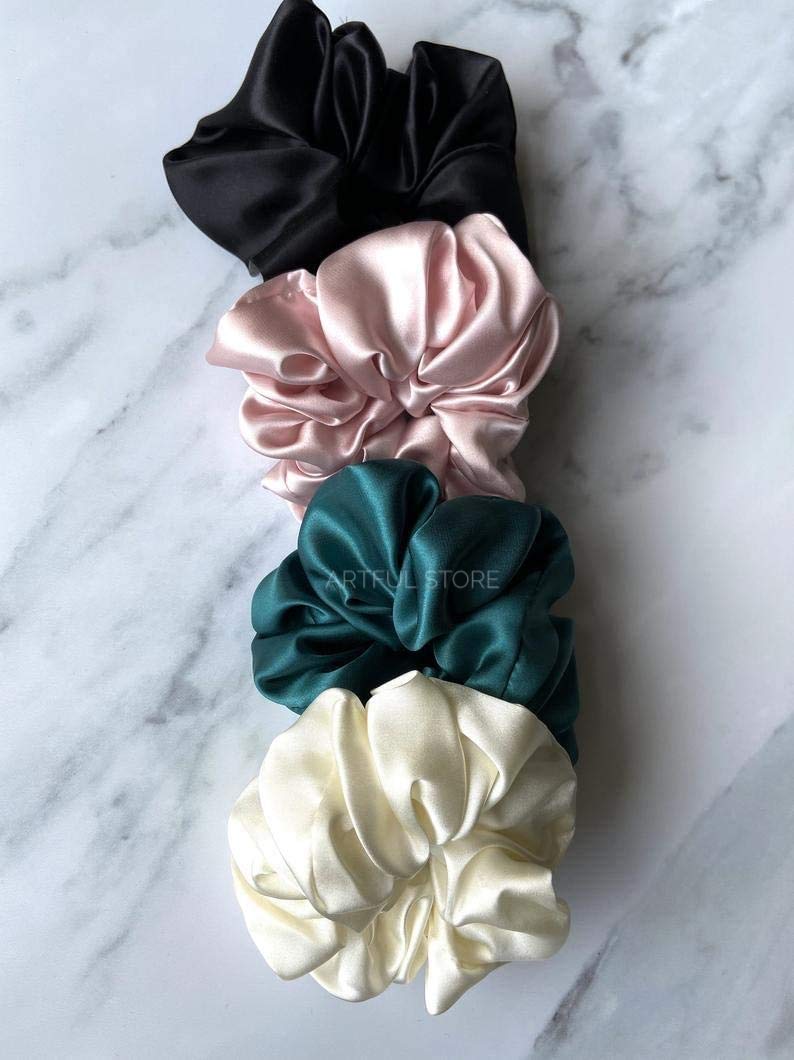 Satin Silk Hair Scrunchies Set - Black, Pink, White & Green - Soft & Elegant Hair Accessories for Women & Girls - Perfect for Work, Gym, Party & Everyday Wear