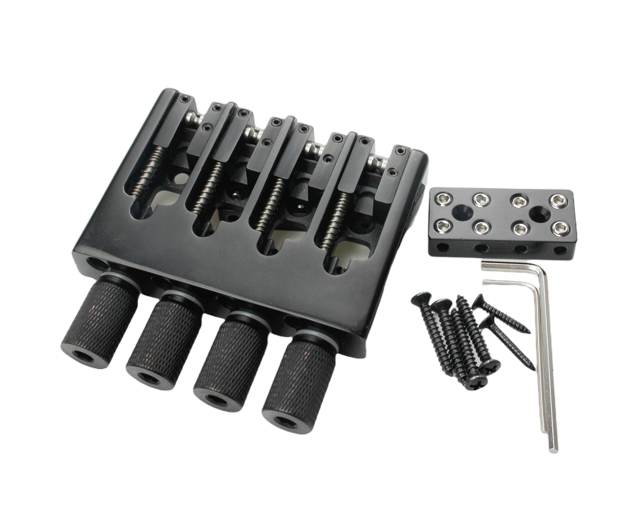 Guyker 4 String Headless Bass Bridge with Adjustable String Spacing - CNC Machined Black Bridge & String Lock (WB004) for Professional Bass Guitar Setup & Performance