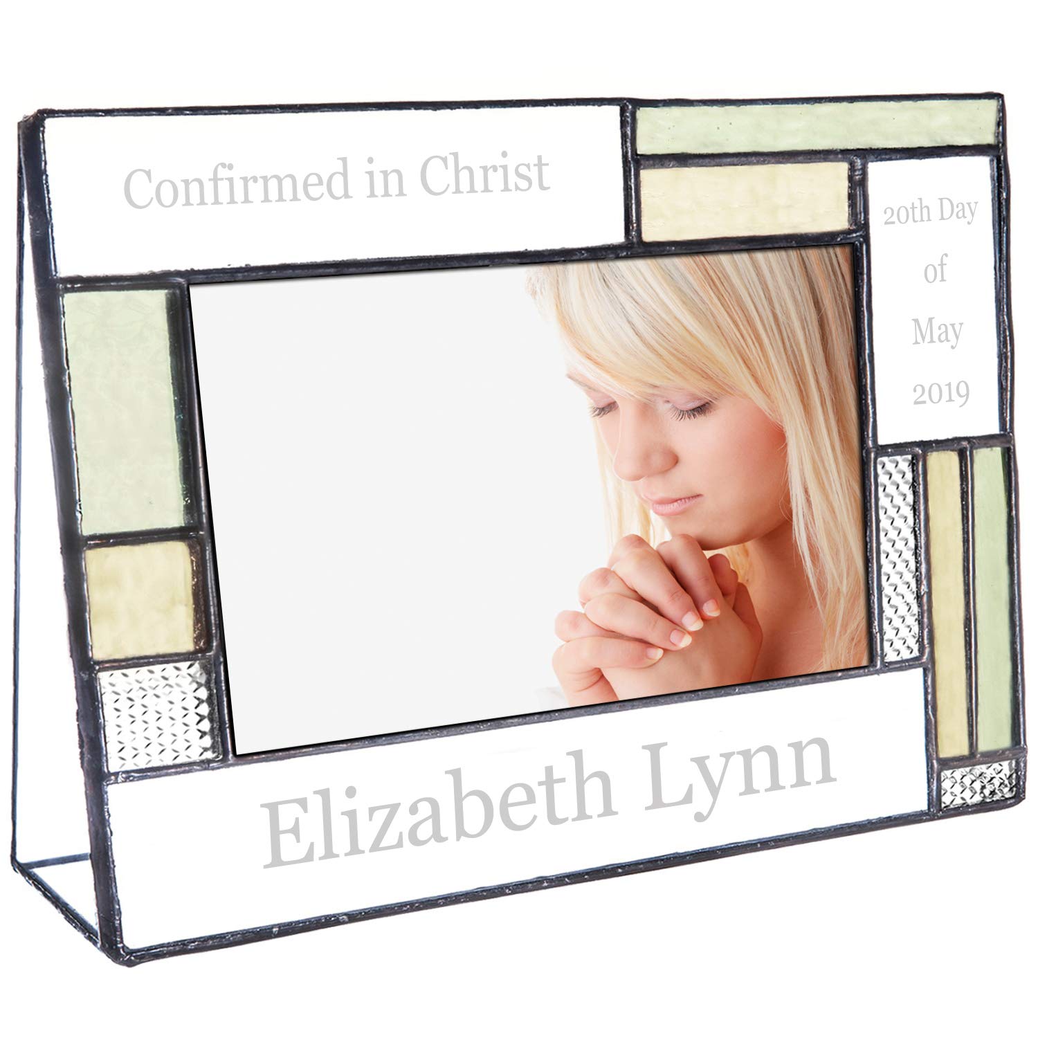 Personalized Confirmation Picture Frame - 4x6 Horizontal Stained Glass in Pale Green, Antique Yellow & Clear | Baptism, First Communion & Religious Gift | Perfect for Wall Display & Keepsake Memories