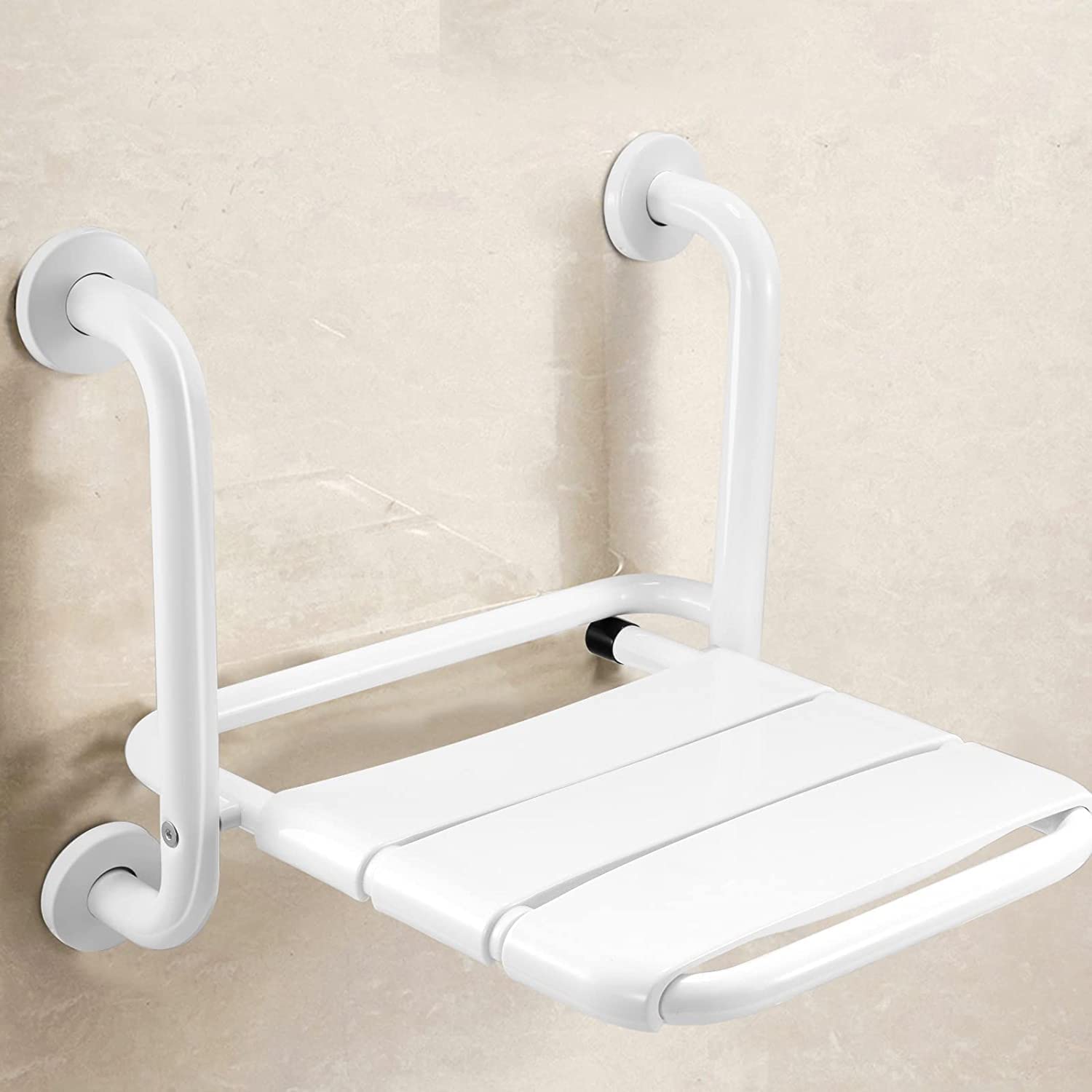 Stainless Steel Folding Shower Seat with Grab Bar - Wall Mounted Shower Chair for Elderly, Disabled & Pregnant Adults - 330 lbs Weight Capacity - Safe Bathroom Seat for Shower, Sauna & Home Care Use