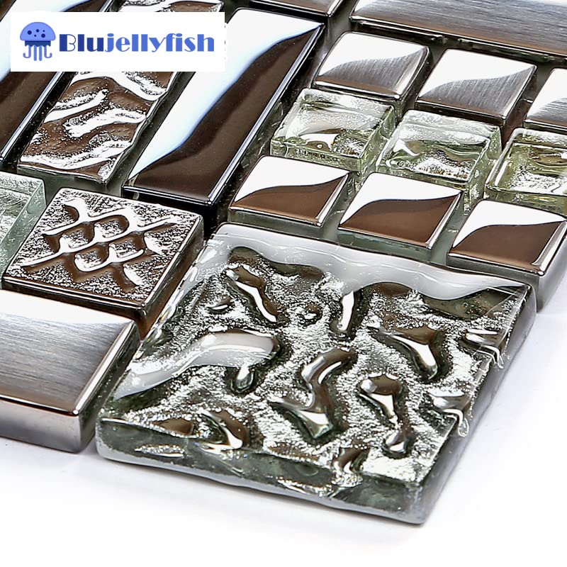 Blujellyfish Metallic Glass Mosaic Tiles Silver Gray - 100% Glass Waterproof Tile for Kitchen Backsplash, Bathroom Shower, Accent Wall Decor - TSTGT151 (5 Sq Ft) - Perfect for Modern Home & Commercial Spaces