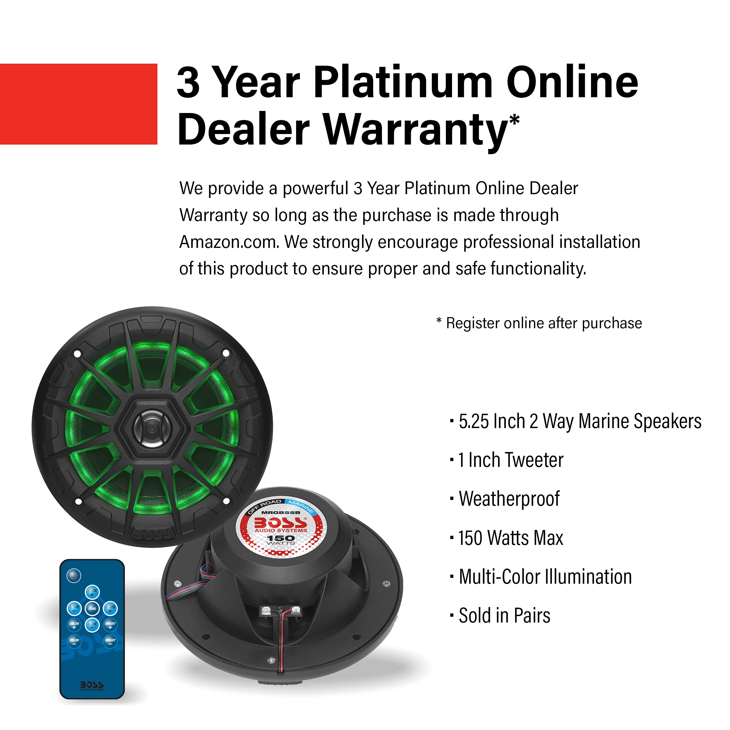 BOSS Audio MRGB55B 5.25 Inch Marine Speakers - Weatherproof, 150W Pair, 75W Each, Multi-Color LED, Full Range 2-Way Audio, Sold in Pairs - Ideal for Boats, RVs, and Outdoor Adventures