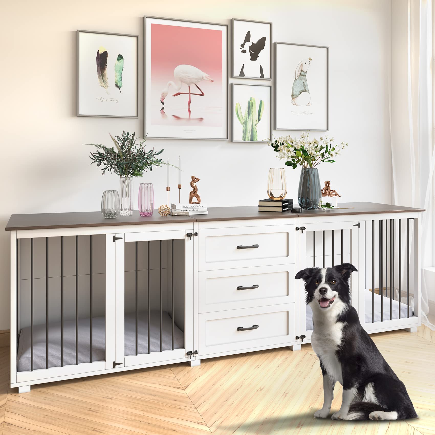 Farmhouse Style Wooden Dog Crate Furniture with 3 Drawers & Double Locking Doors - 95