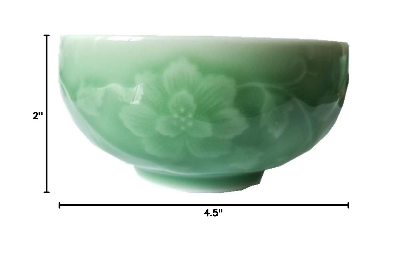 4.5 Inch Chinese Porcelain Rice Bowl with Hand-Painted Peony Design - Light Green Asian Dinnerware for Home Dining & Restaurant Use