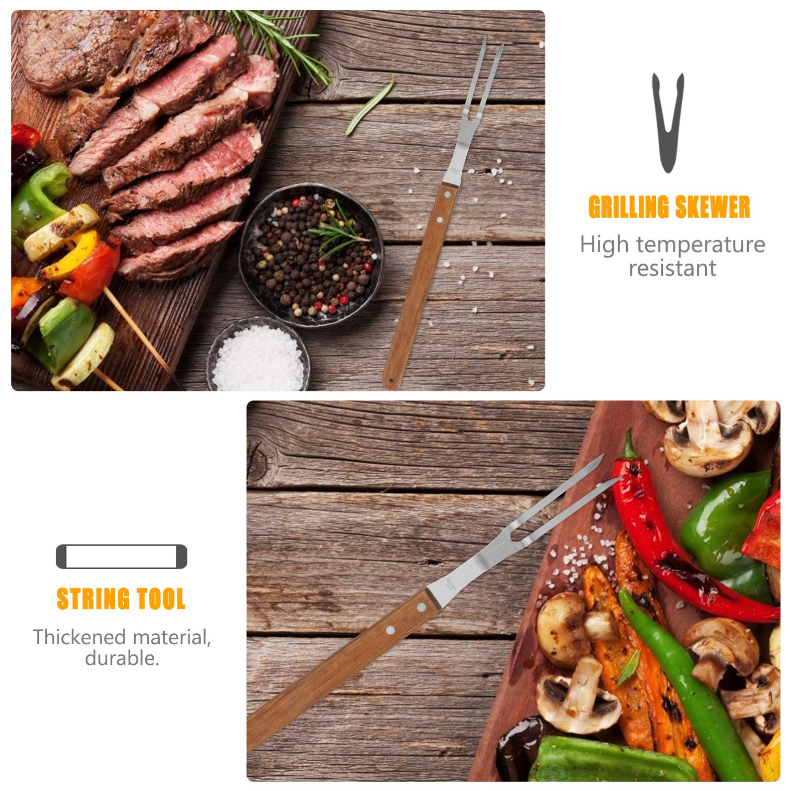 Premium Stainless Steel BBQ Forks & Skewers Set - 2-Piece Grilling Tools with Wooden Handle for Outdoor Cooking, Camping, and Backyard Barbecues | Durable Metal Skewers for Meat, Vegetables, and Kebabs