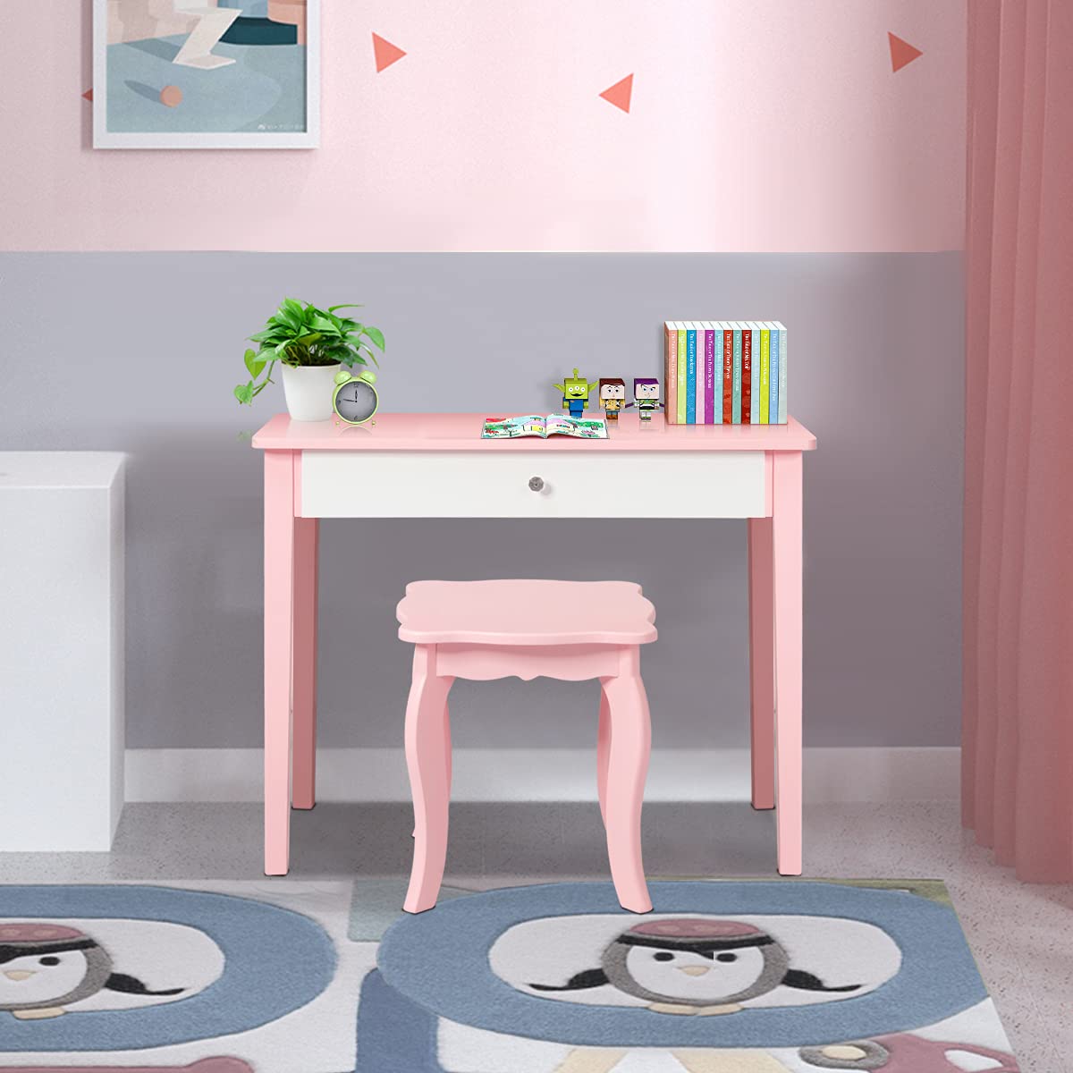 HONEY JOY Kids Vanity Set - Wooden Princess Pretend Play Dressing Table with Stool, Tri-Fold Mirror & Drawer for Little Girls (Pink) | Perfect for Birthday Gifts, Room Decor & Pretend Play for Toddlers Ages 3-8