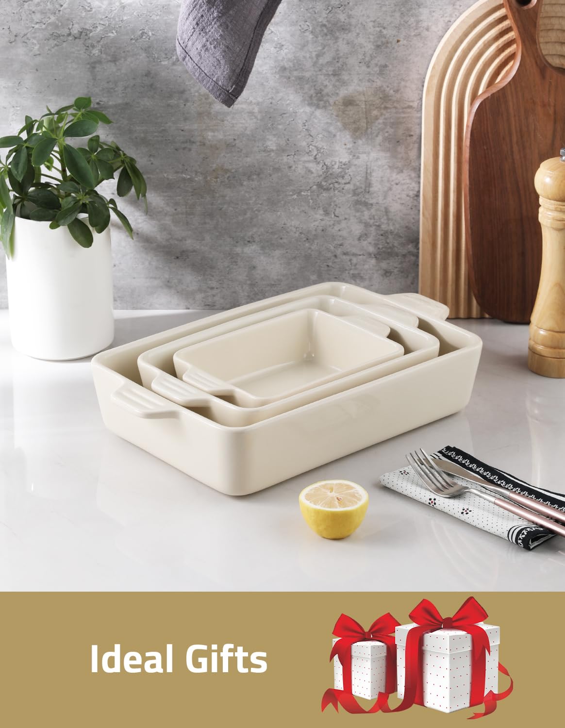 Sweejar 11.8 x 7.8 x 2.76 Inch Ceramic Baking Dish Set - Oven Safe Rectangular Casserole Pan for Lasagna, Cakes, Roasts | Perfect for Home Cooking, Dinner Parties & Holiday Meals (Beige)
