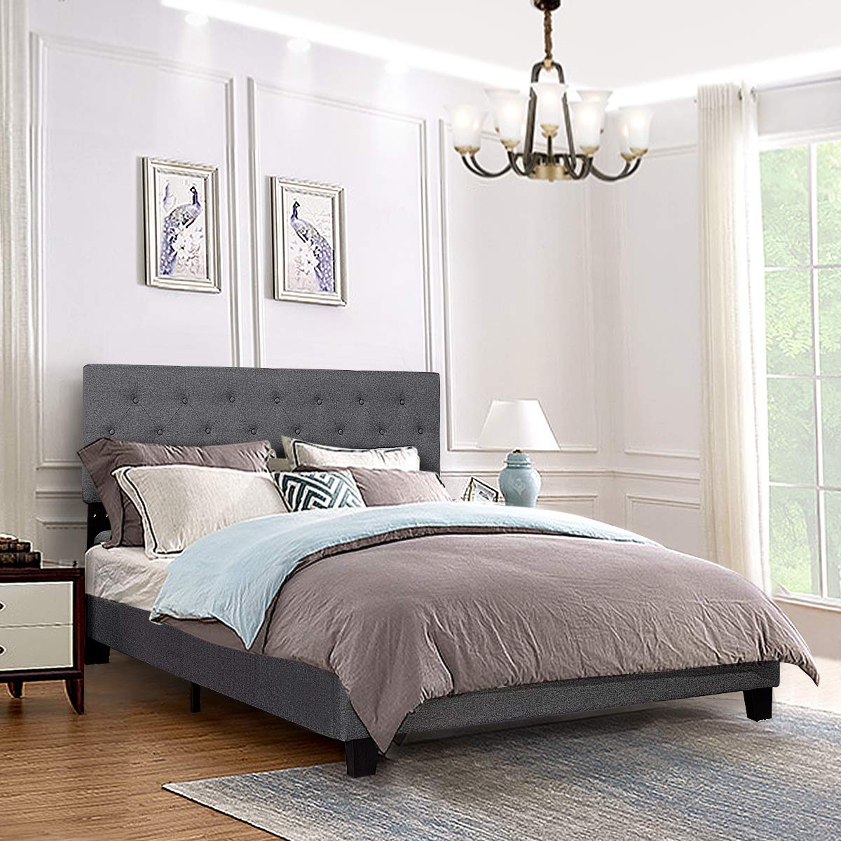 Giantex Queen Size Shalini Upholstered Platform Bed with Diamond Stitched Linen Headboard - Sturdy Metal Frame & 12 Wooden Slats Support - Easy Assembly Mattress Foundation for Modern Bedroom (Perfect for Guest Rooms, Master Bedrooms & Small Spaces)