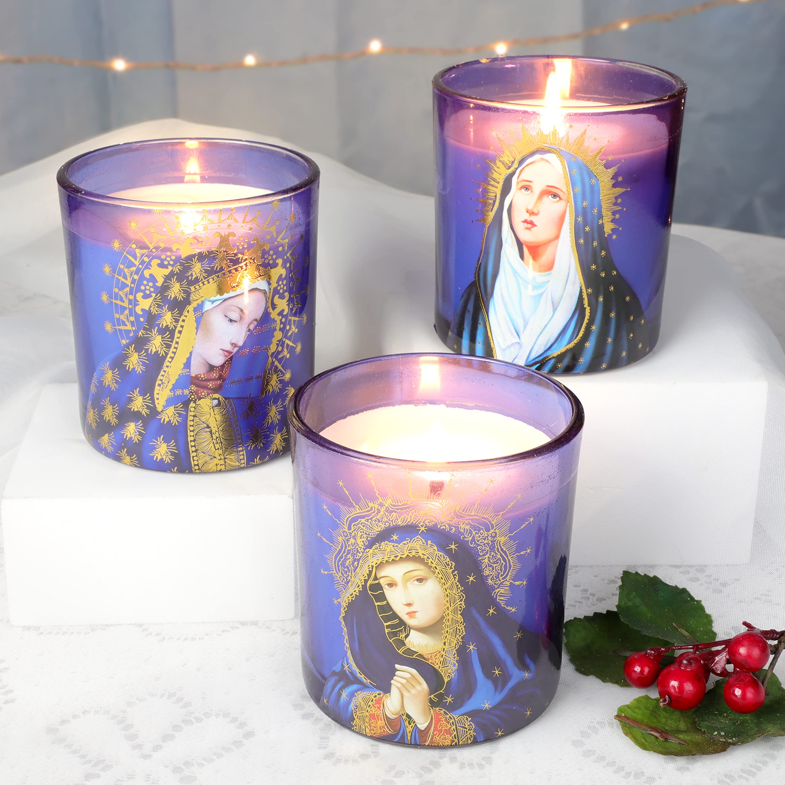 Blessed Virgin Mary Scented Candles - Set of 3 Purple Glass Votive Candles for Catholic Church, Home Altar & Prayer - Long-Lasting Rosemary Scented Soy Wax Jar Candles for Meditation, Devotion & Spiritual Relaxation
