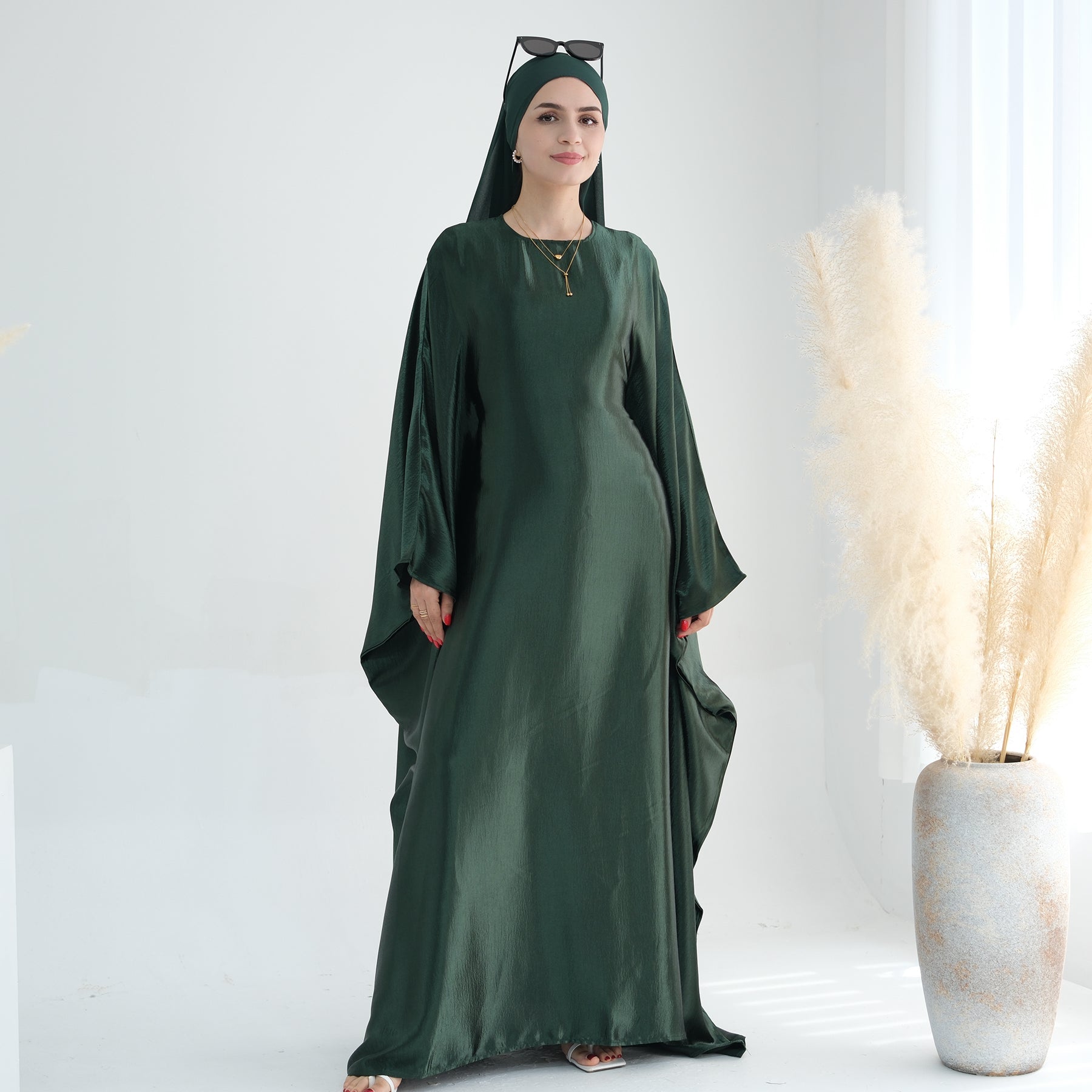 Elegant Alisha Butterfly Satin Abaya Dress for Women - Modest Islamic Prayer Gown - Perfect for Eid, Ramadan, and Special Occasions