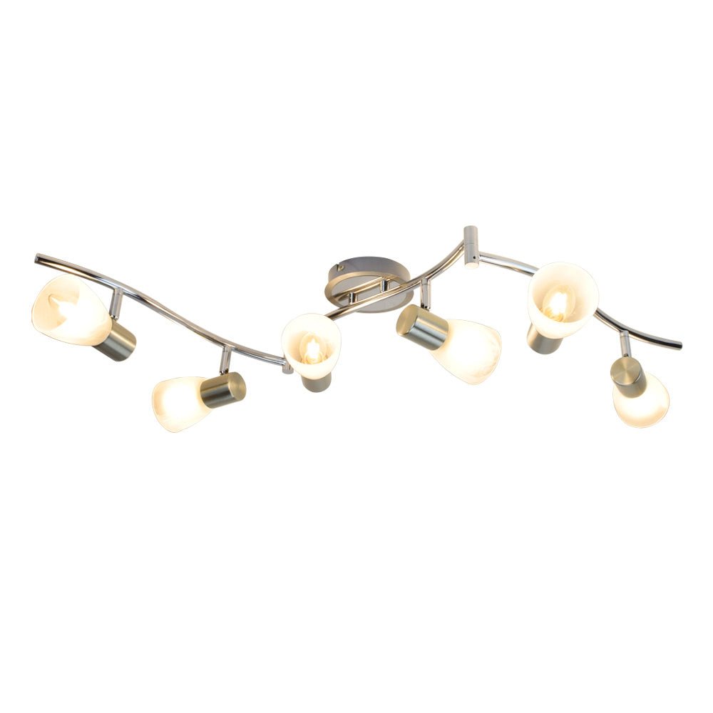DLLT 6-Light Flexible Track Lighting Rail System - Modern Adjustable LED Spot Ceiling Fixture with Glass Shade - Brushed Steel Finish - Perfect for Living Room, Dining Room, Bedroom & Kitchen Lighting