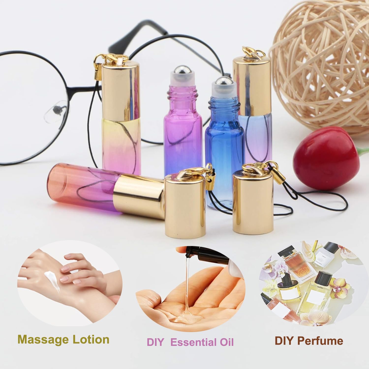 15 Pack 5ml Stainless Steel Ball Roller Bottles with Gold Cap - Gradient Color Glass Essential Oil Roller Bottles for Perfume, Aromatherapy & Organic Oils - Includes 1 Opener + 2 Funnels - Perfect for DIY Essential Oil Blends, Travel & Gift Giving