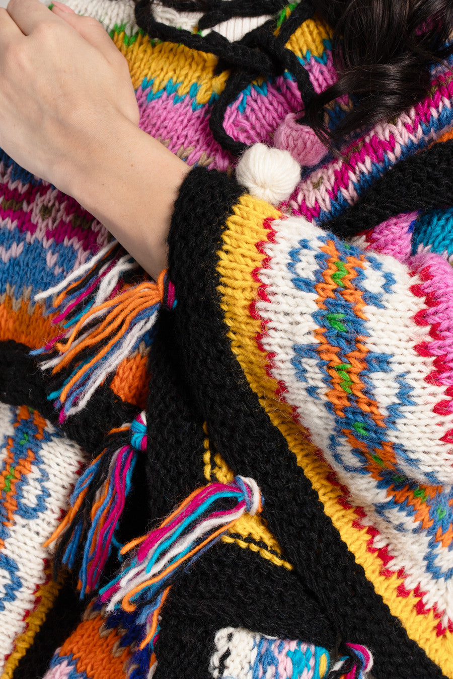 Fair Isle Patchwork Hooded Poncho - Cozy Knitted Winter Cape for Women - Perfect for Outdoor Adventures, Camping & Casual Wear