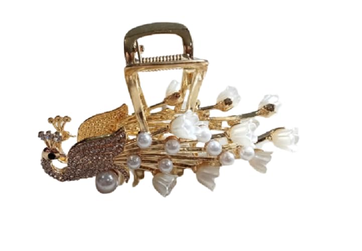 Glam Niyati Crystal Bronze Metal Alloy Peacock Hair Claw Clips - Elegant Hair Accessories for Weddings, Parties & Special Occasions