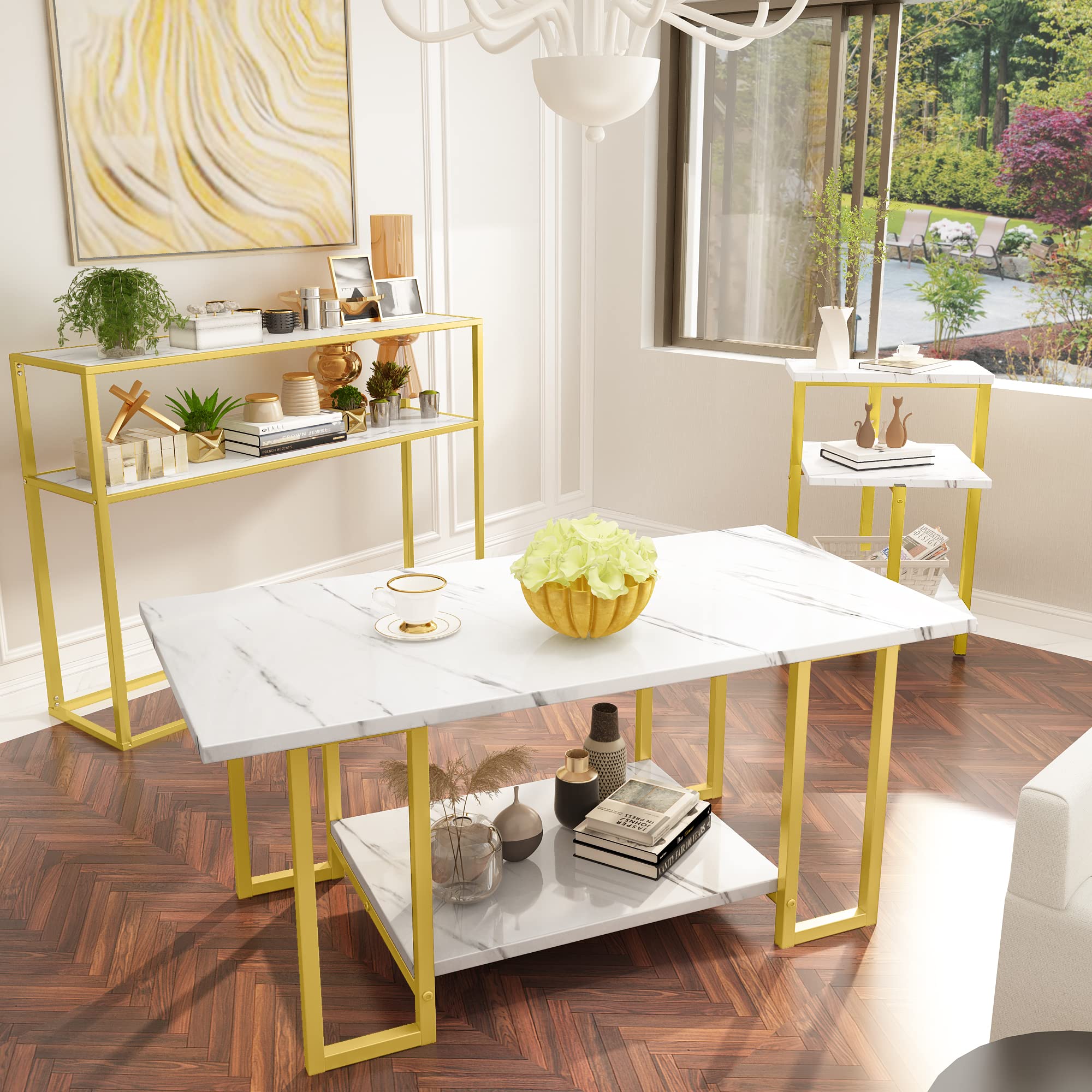 Mid-Century Modern Coffee Table Set of 3 - Faux Marble Top & Metal Frame Living Room Tables with Storage Shelves - Square End Tables for Bedroom, Office - Easy Assembly - Perfect for Small Spaces & Entertaining