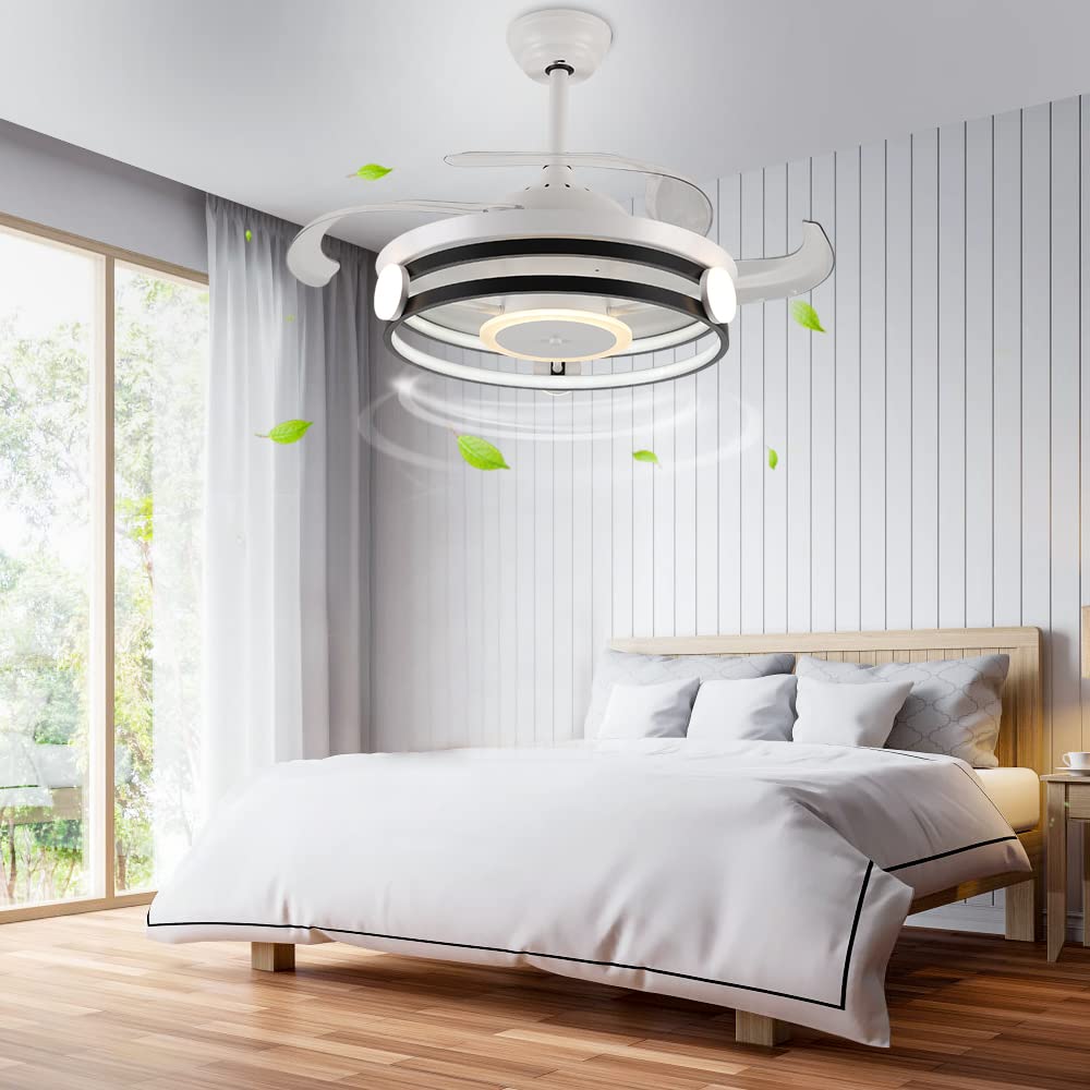DLLT Modern 30W Retractable 3-Blade LED Ceiling Fan with Remote Control, Color Changeable (3000K-6000K) & Timer - Low Profile Chandelier Fan for Living Room, Bedroom, Dining Room - Perfect for Home Cooling and Ambient Lighting