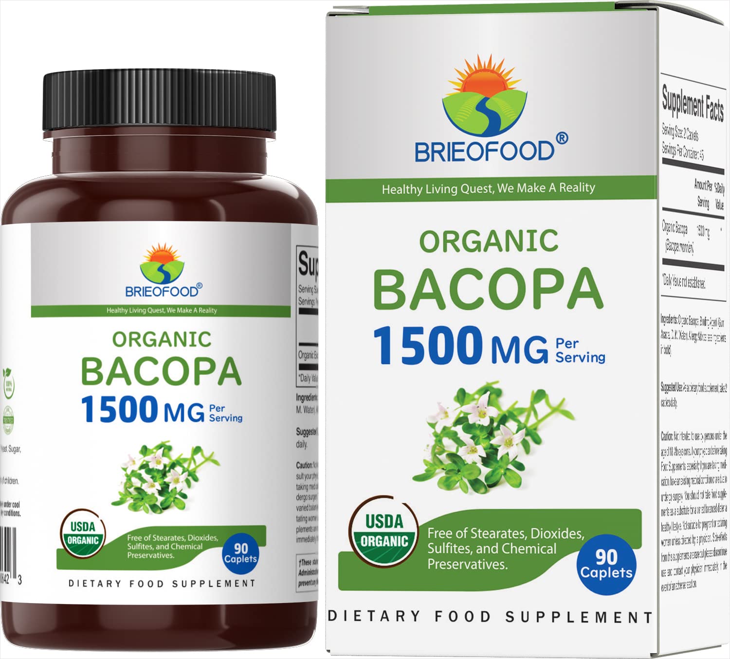 Brieofood Organic Bacopa 1500mg Supplement - 90 Vegetarian Tablets (45 Servings) | Gluten-Free, Non-GMO Brain Support for Memory & Focus | Daily Cognitive Enhancement for Students & Professionals