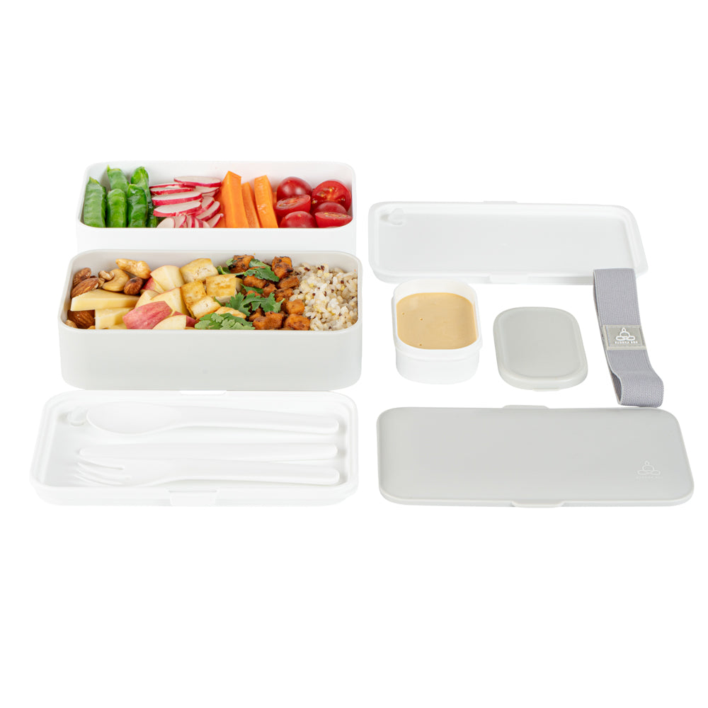 Bento Tek 41 oz Gray & White Buddha Box - All-in-One Lunch Container with Utensils & Sauce Cup (7.25
