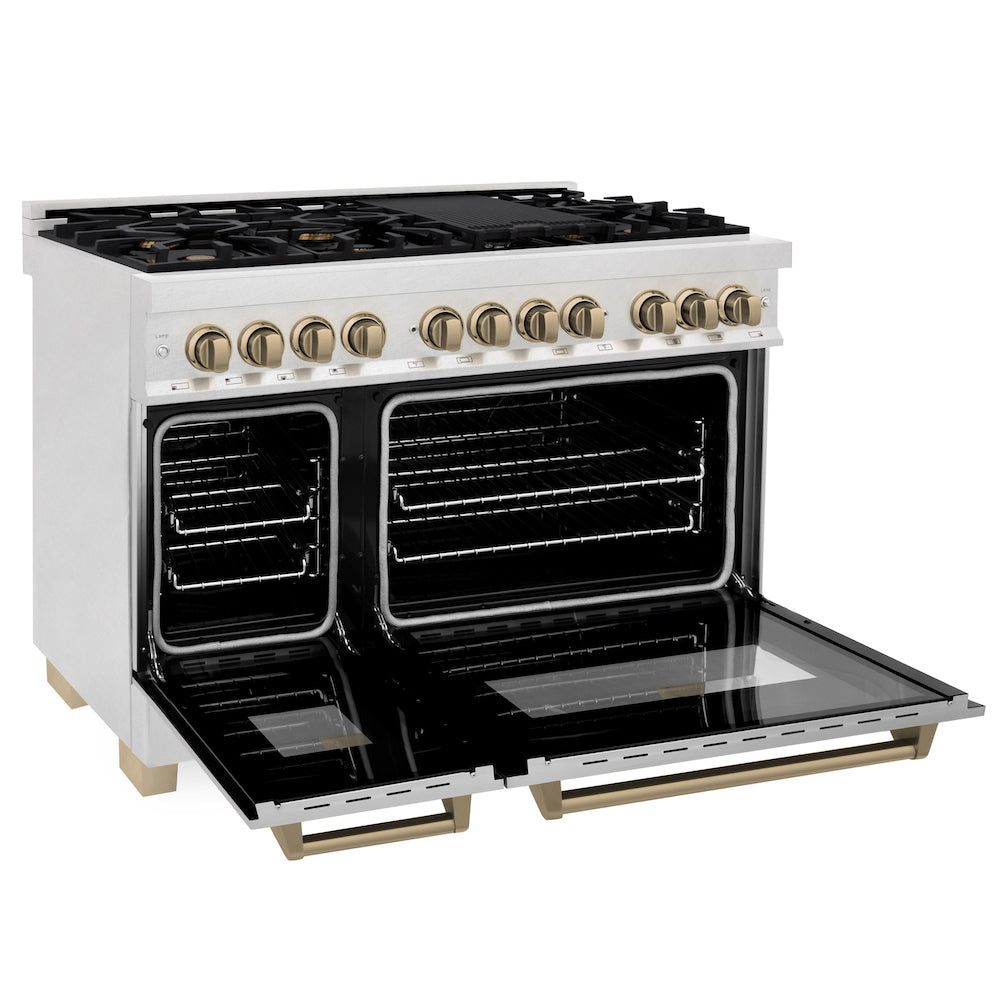 ZLINE Autograph Edition 48-inch 6.0 cu. ft. Dual Fuel Range with 7-Burner Gas Cooktop & 2 Electric Ovens - Satin Stainless Steel with Champagne Bronze Accents (RASZ SN 48 CB) | Professional Kitchen Appliance for Home Chefs & Cooking Enthusiasts