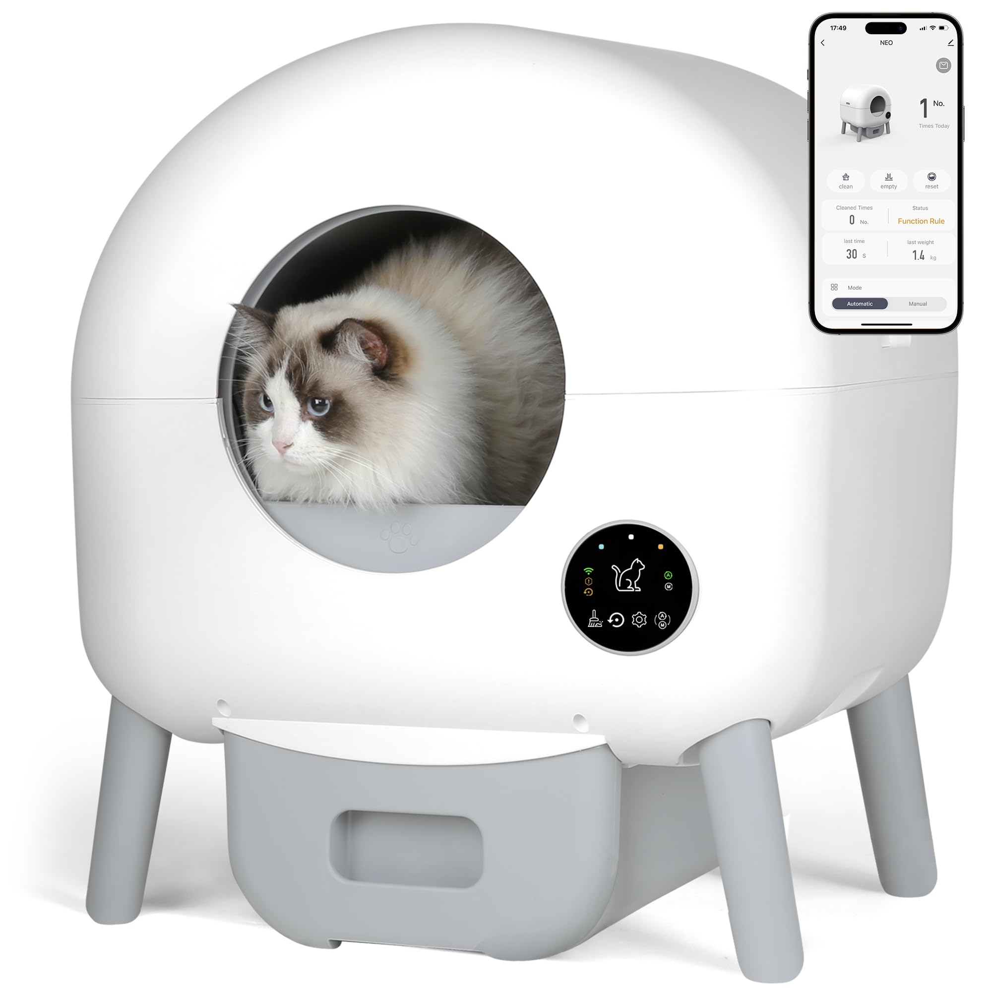 Self Cleaning Cat Litter Box - Automatic Litter Box with Odor Control, 1 Roll Trash Bags & Anti-Tracking Mat, Small & White - Perfect for Small Spaces & Multi-Cat Homes