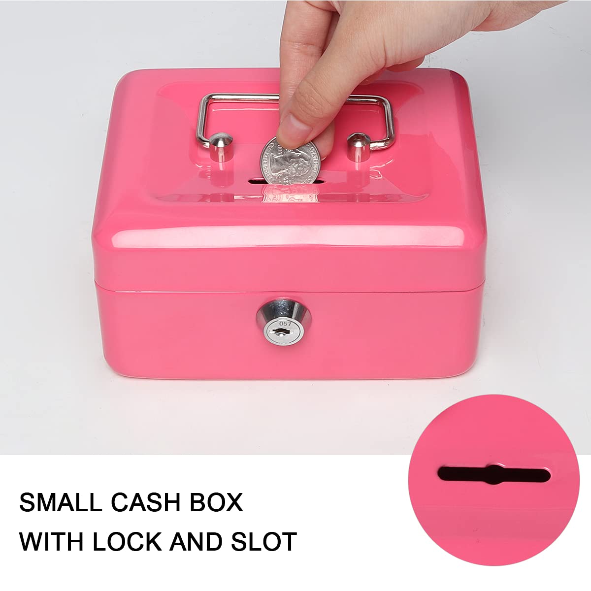 Jssmst Small Lock Cash Box with Money Tray - Secure Pink Locking Money Box for Kids with Top Slot (5.91 x 4.72 x 2.95 inches) - Perfect for Allowance Savings, Piggy Bank Alternative, and Home Office Cash Management (Model CB003-P)