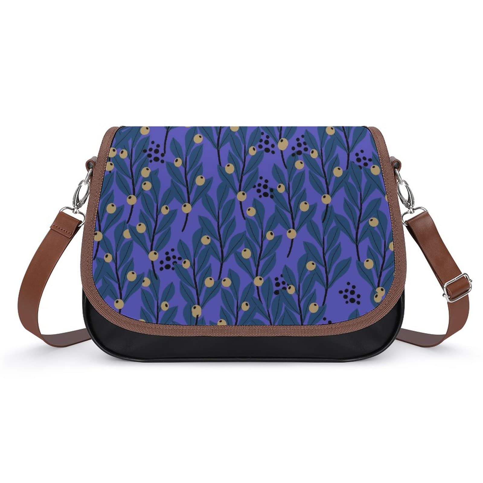 Stylish Printed Leather Crossbody Bags for Women - Designer Shoulder Messenger Satchel in Loquat Leaves Blue | Perfect for Work, Travel & Everyday Use
