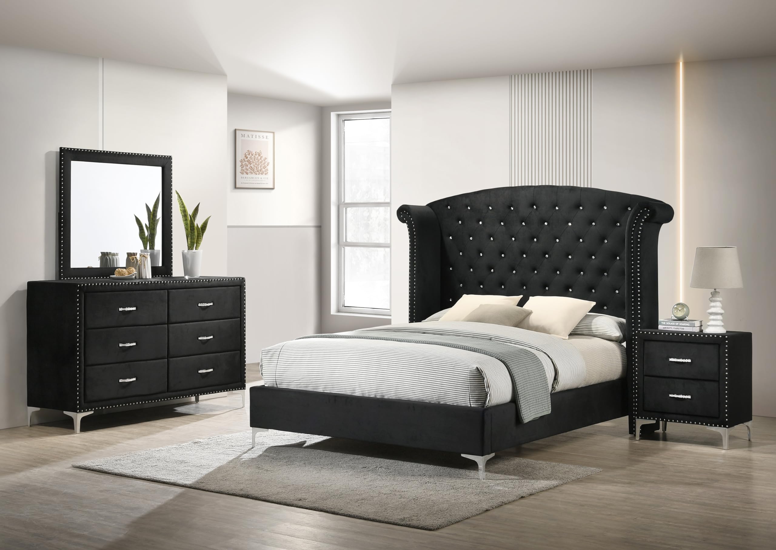 Luxury 4-Piece King Size Tufted Bedroom Set with Dresser, Mirror & Nightstands - Black Velvet Upholstered Furniture for Master Bedroom Decor | Elegant Bed Frame, Matching Dresser and Nightstands for Modern Home