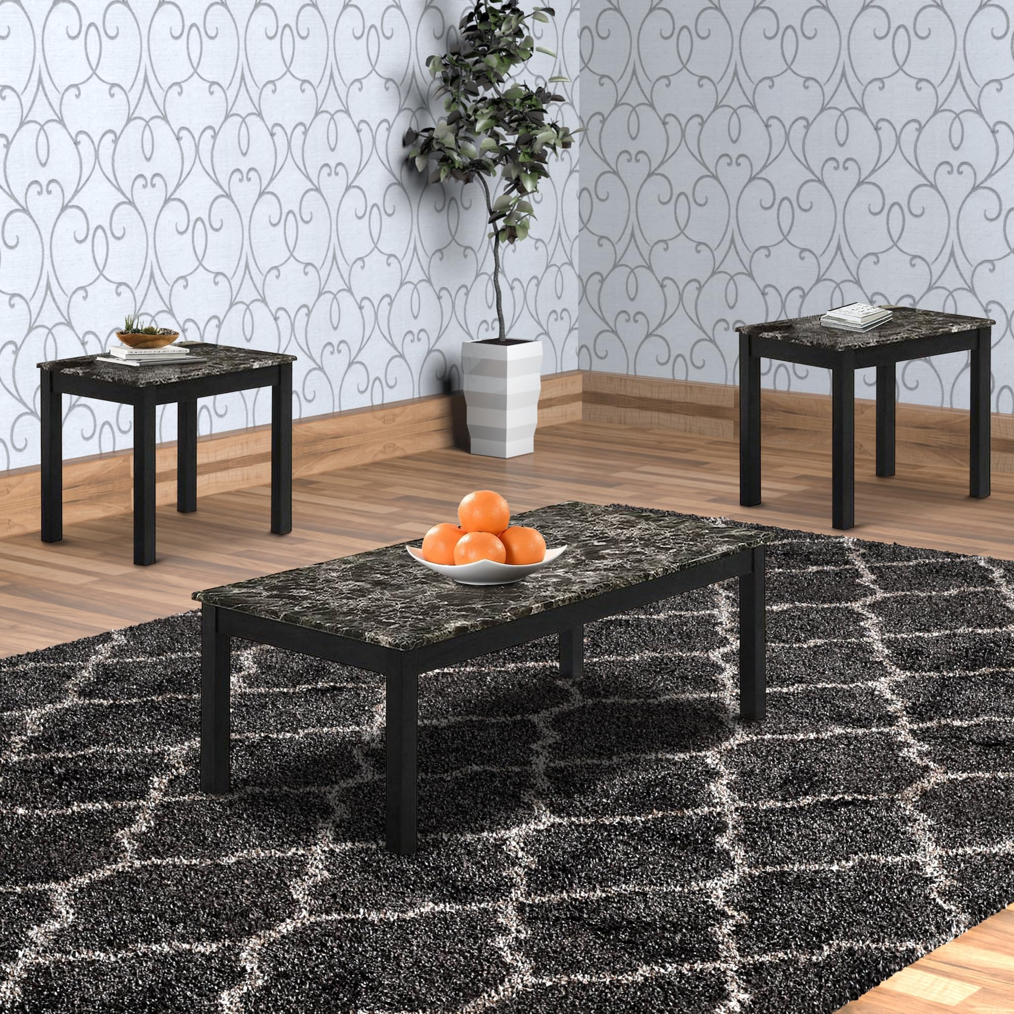 Benjara 3-Piece Coffee Table Set with Faux Marble Top - Black End Tables for Living Room, Modern Side Tables for Sofa & Lounge Furniture