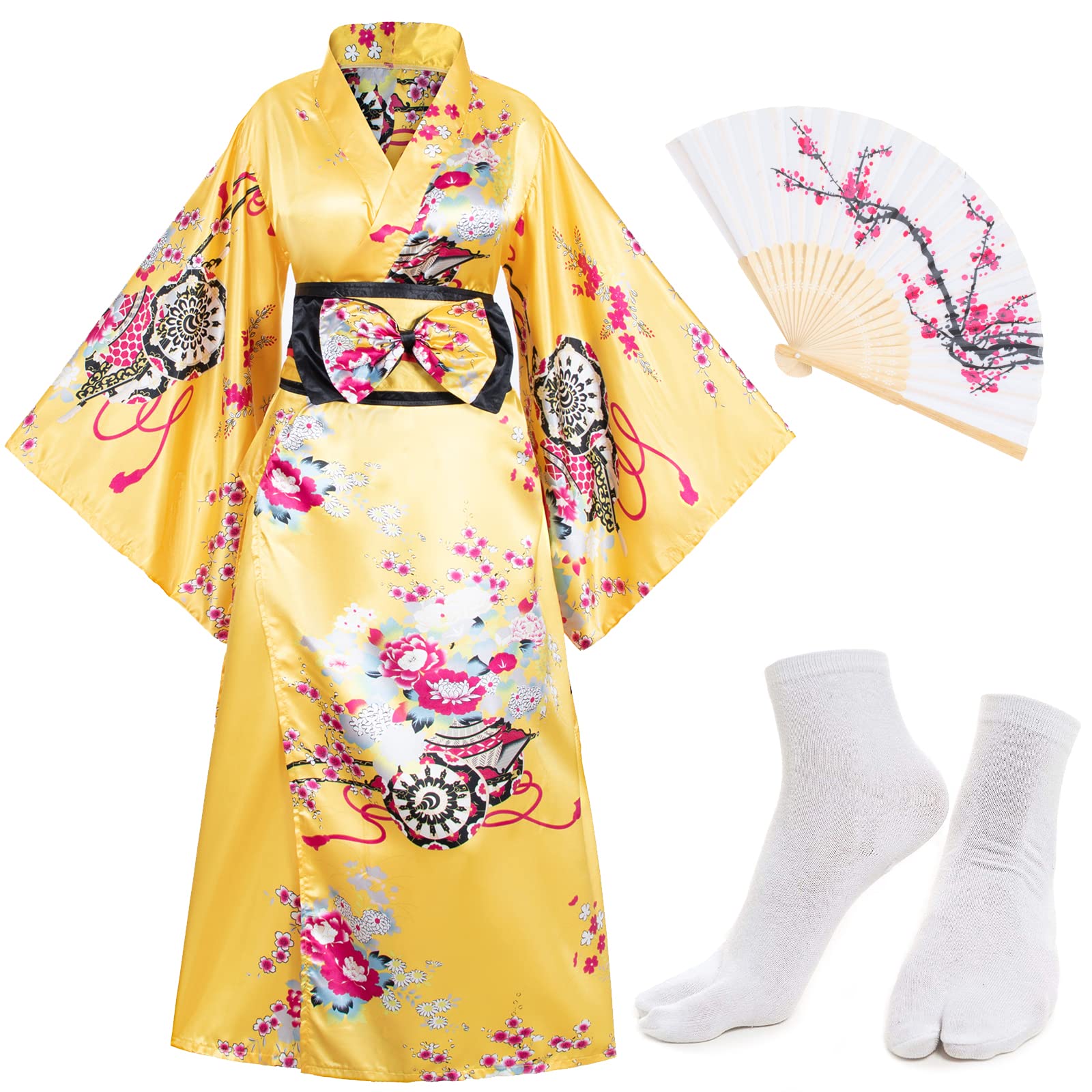 Japanese Anime Women's Kimono Robe - Geisha Yukata Sweet Dress with Blossom Satin Bathrobe & Sleepwear Set - Perfect for Cosplay, Halloween Costume, Spa Relaxation and Themed Parties
